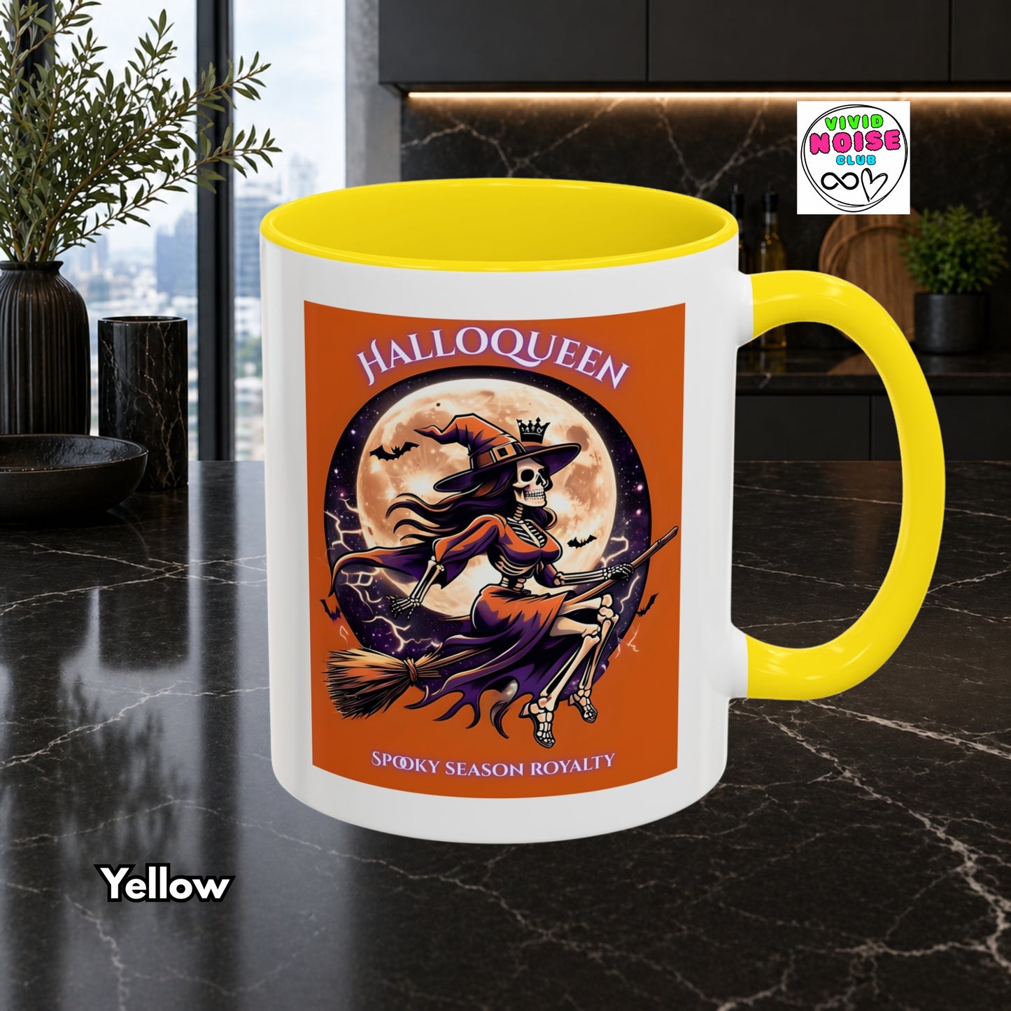 Halloween-themed mug with a witch design on a marble surface