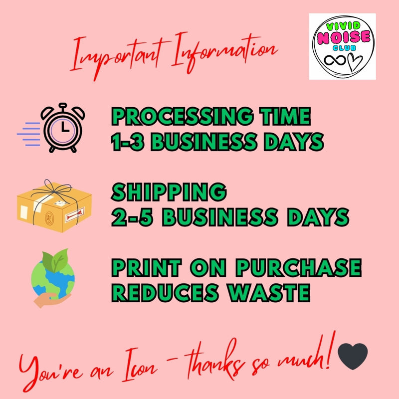 Pink background with text about processing time, shipping, and sustainability, featuring the Vivid Noise Club logo.