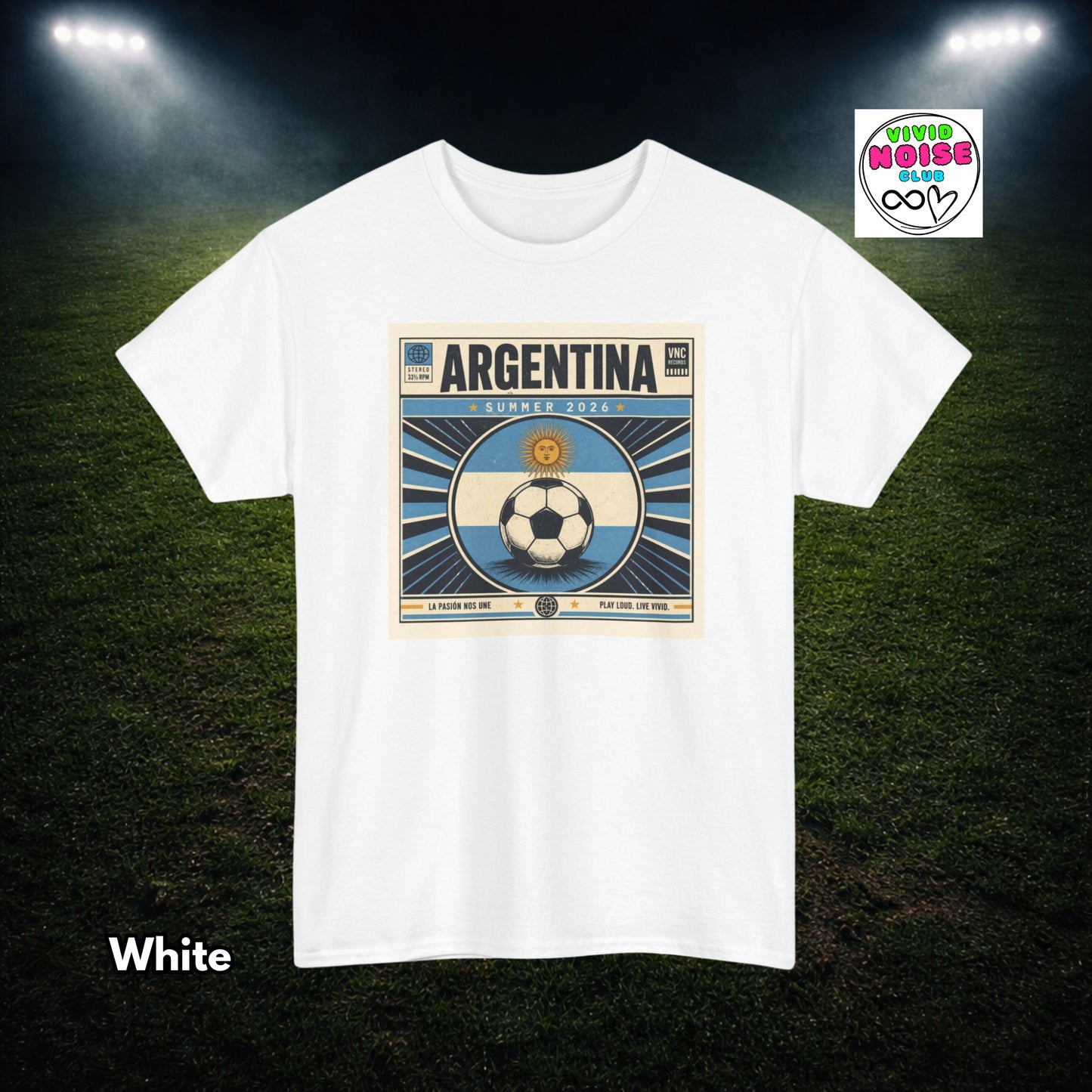 White t-shirt with Argentina soccer design on a football field background