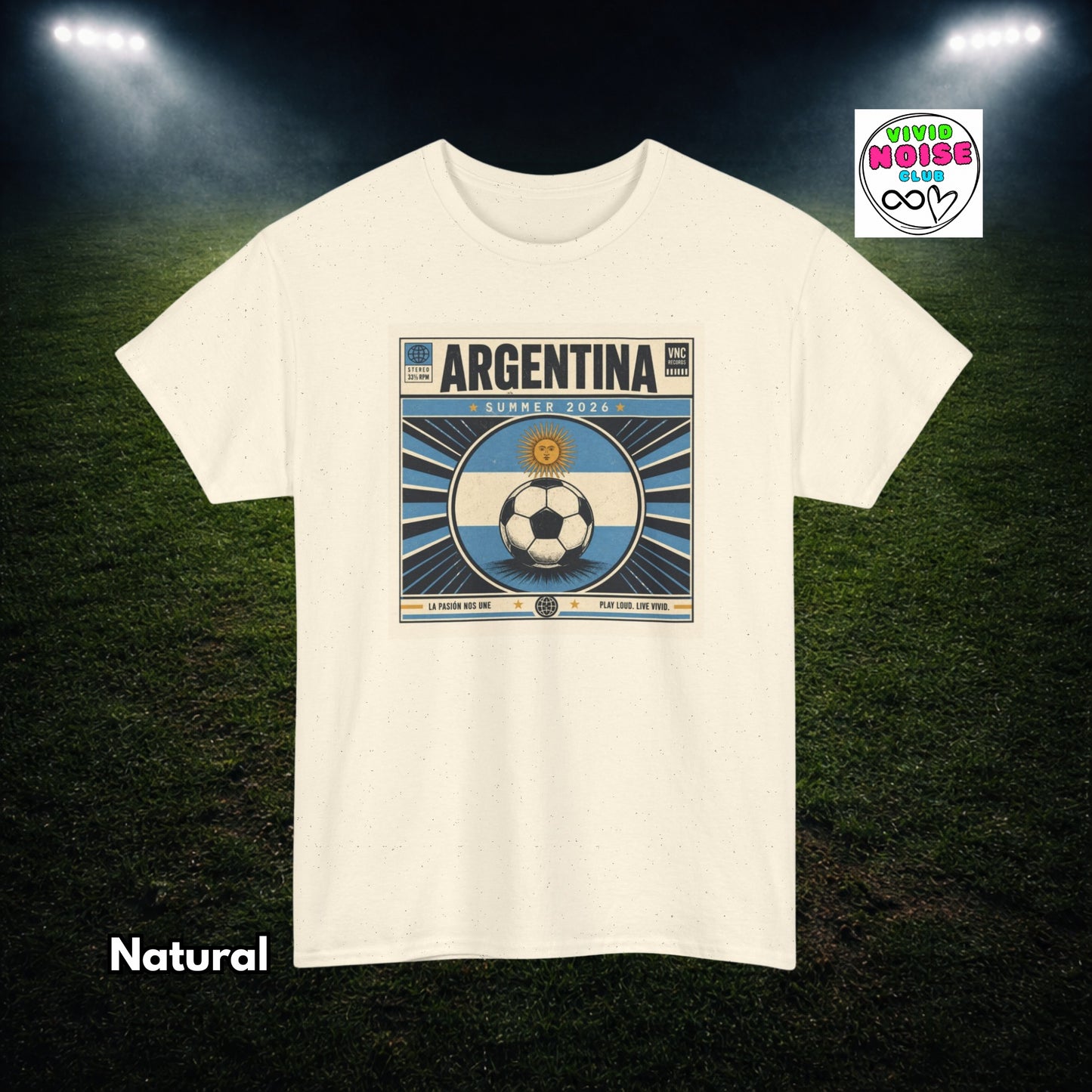 Natural cream (beige) t-shirt with Argentina soccer design on a grass field background