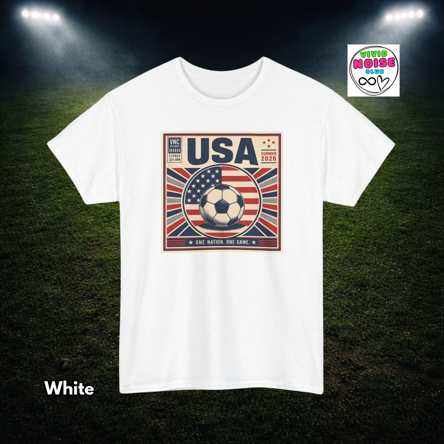 White t-shirt with USA soccer design on a sports field background