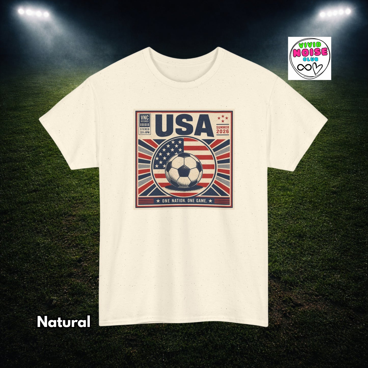 Beige t-shirt with USA soccer design on a grass field background