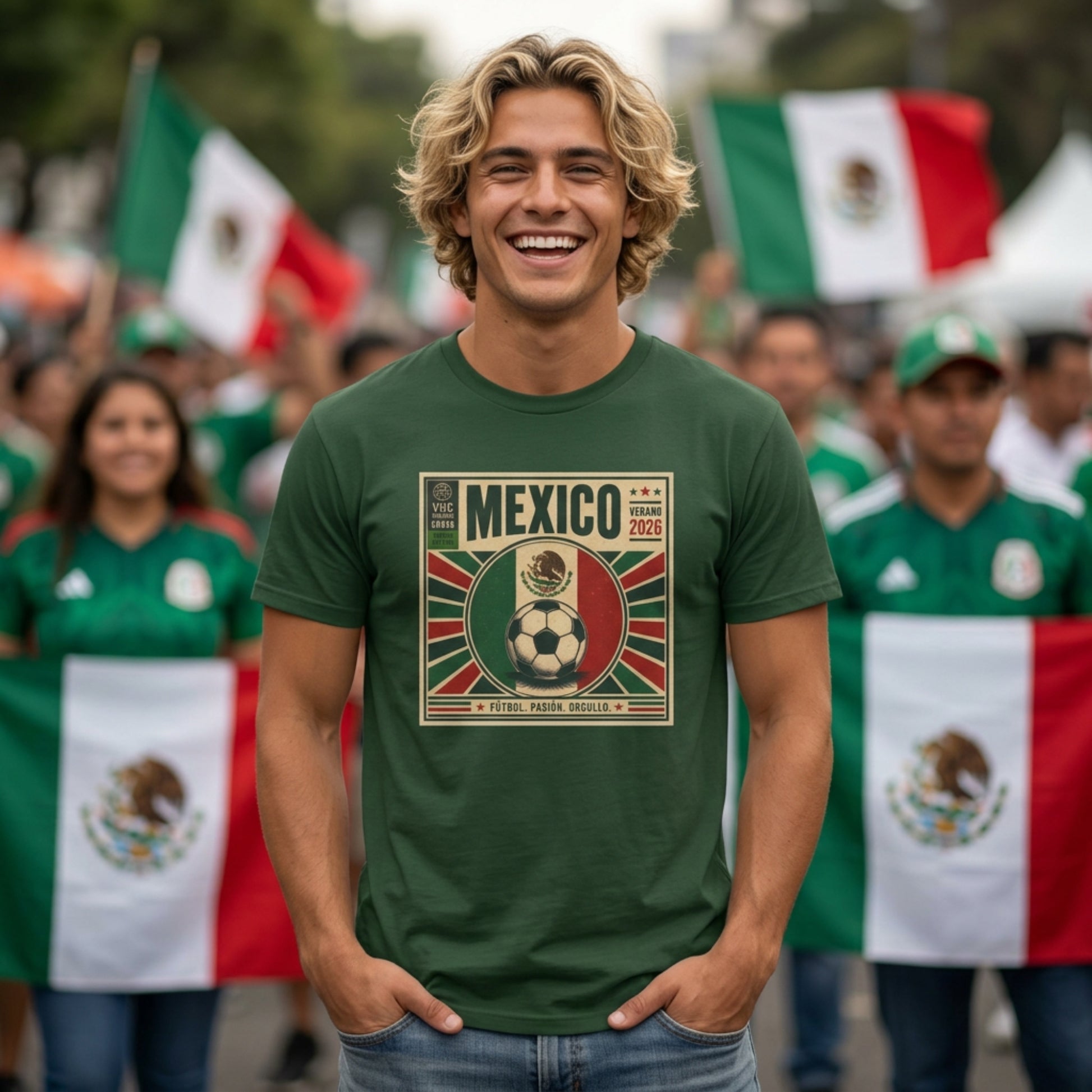 Man wearing a green 'Mexico 2026' t-shirt with a soccer design, surrounded by people holding Mexican flags.