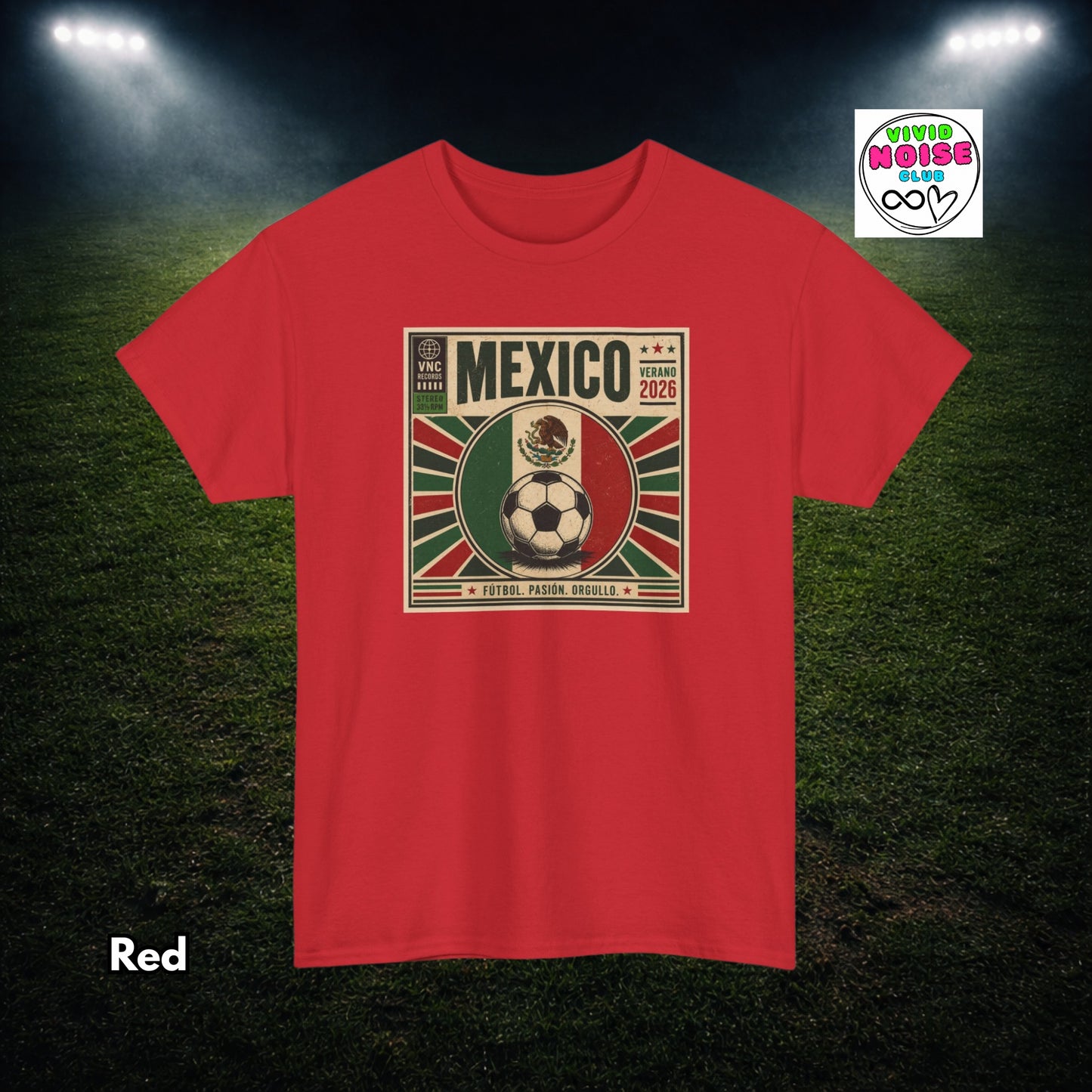 Red t-shirt with Mexico-themed graphic on a grass field background