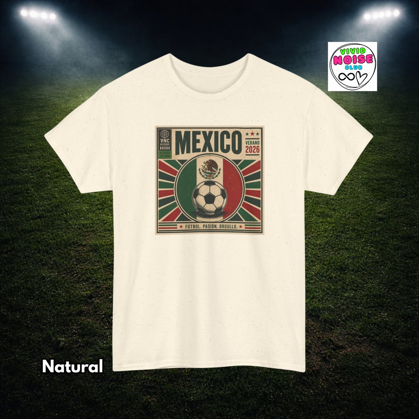 Beige t-shirt with Mexico-themed graphic on a grass field background
