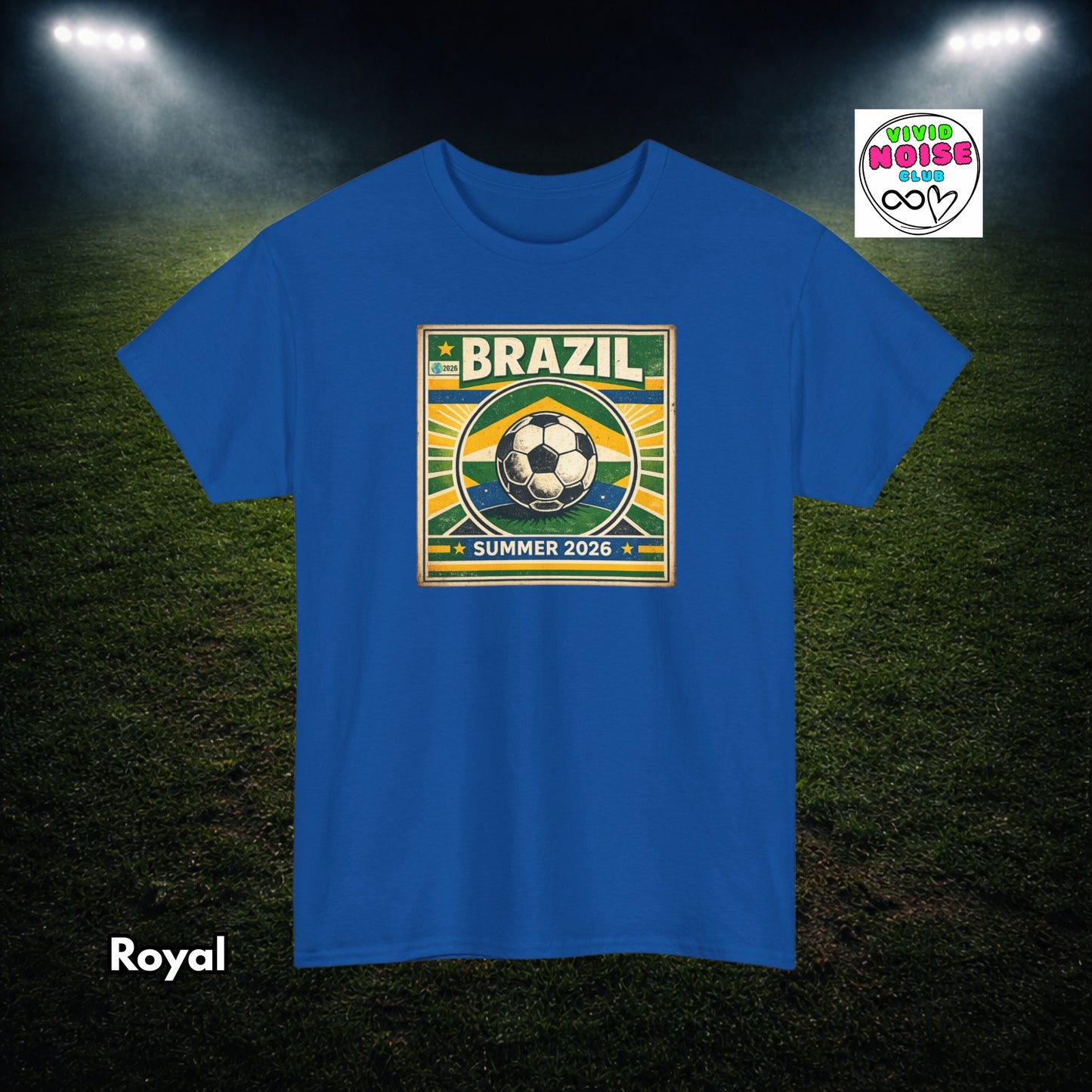 Royal blue t-shirt with Brazil soccer design on a grass field background