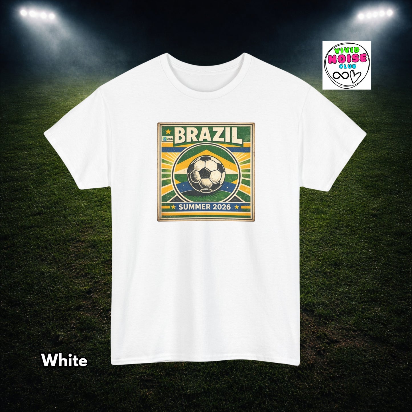 White t-shirt with Brazil soccer design on a dark background