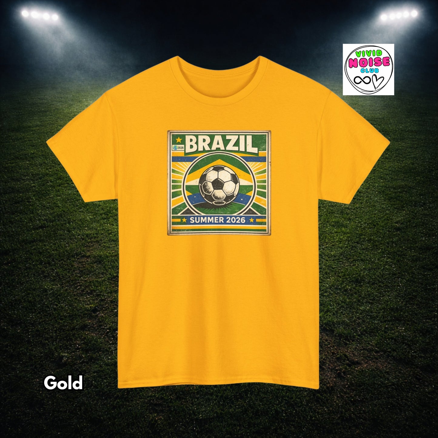 Gold yellow t-shirt with Brazil soccer design on a dark green background