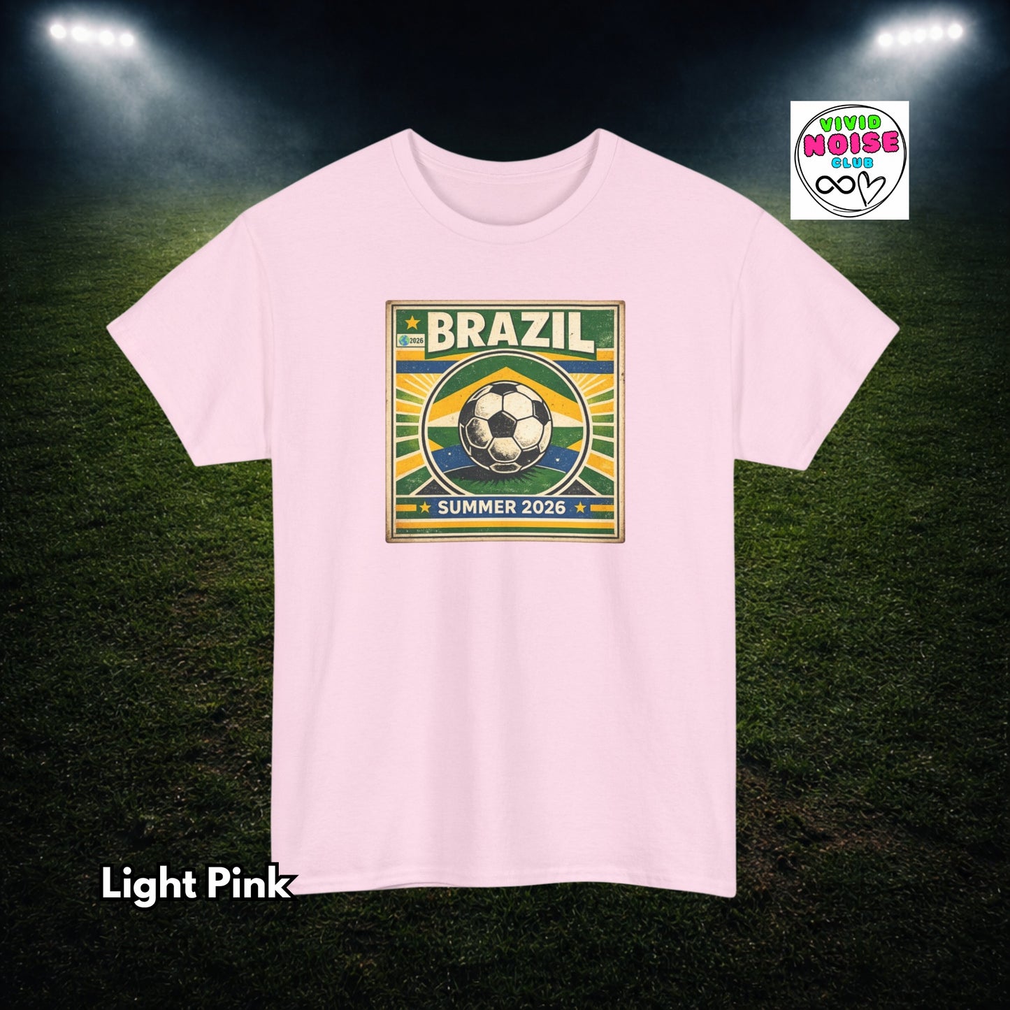 Light pink t-shirt with Brazil soccer design on a dark green field background