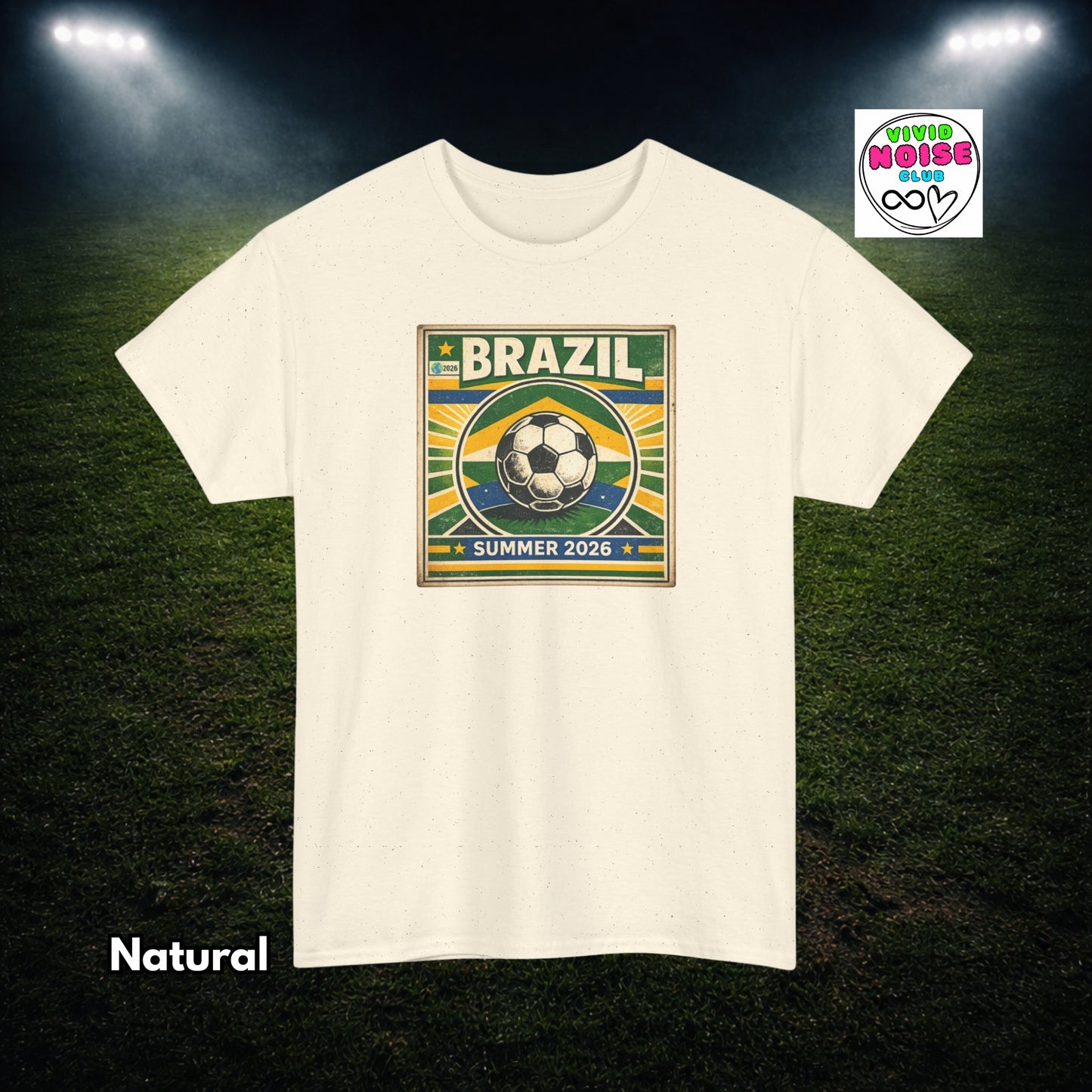 Natural cream beige t-shirt with Brazil soccer design on a dark background