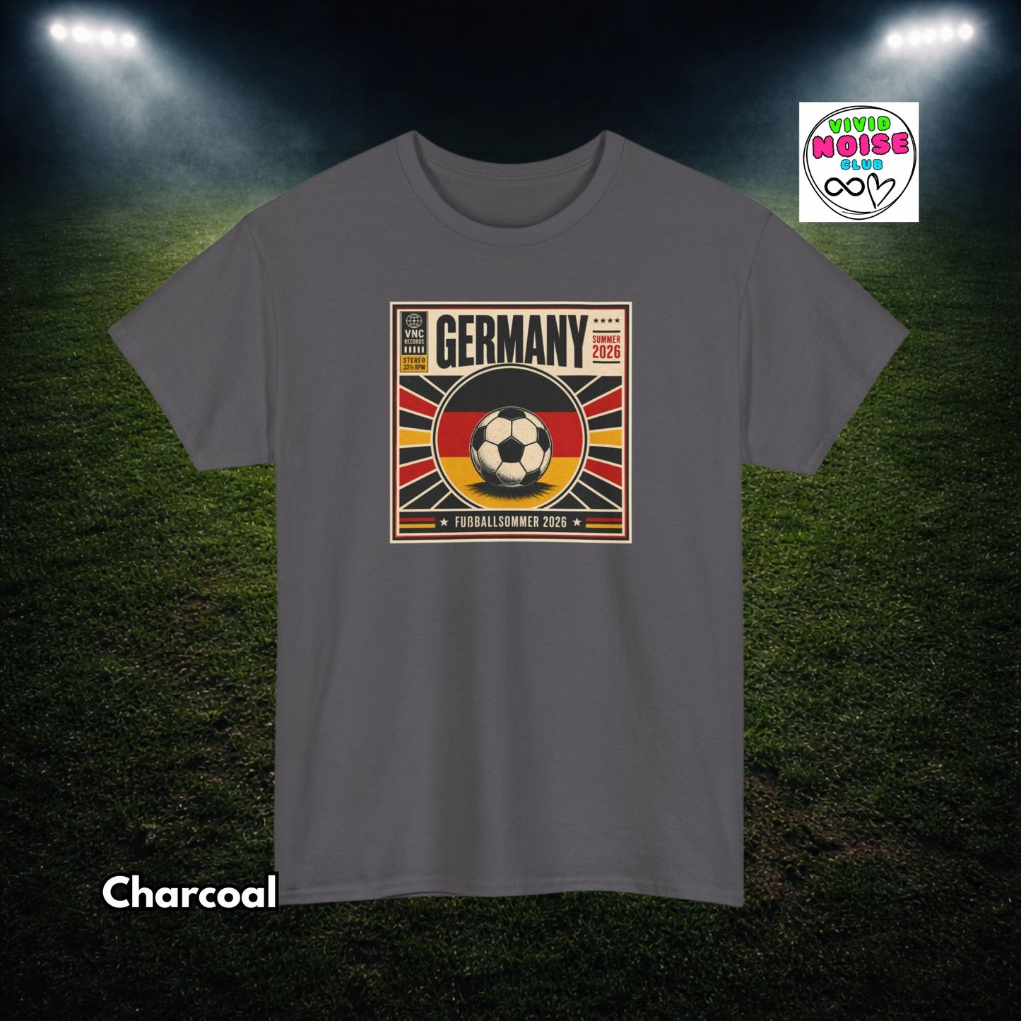 Charcoal Gray t-shirt with Germany soccer design on a grass field background