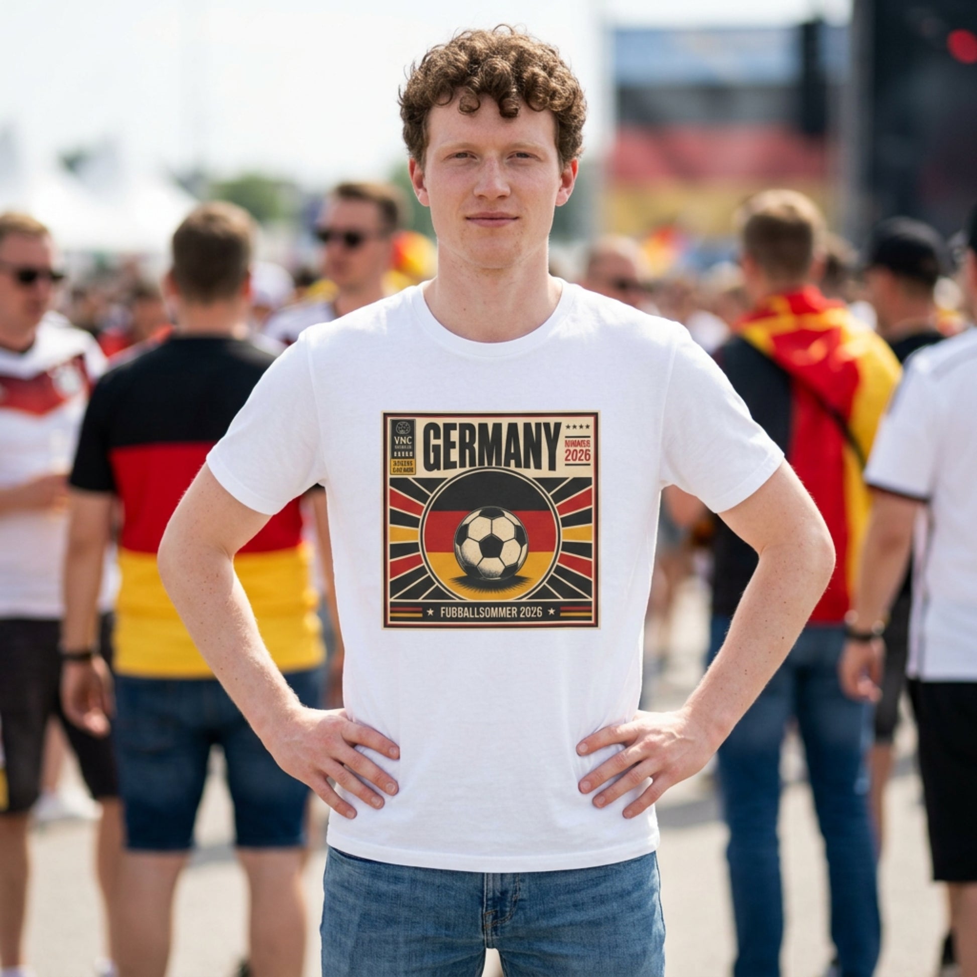 Person wearing a white t-shirt with Germany-themed design in a crowd.