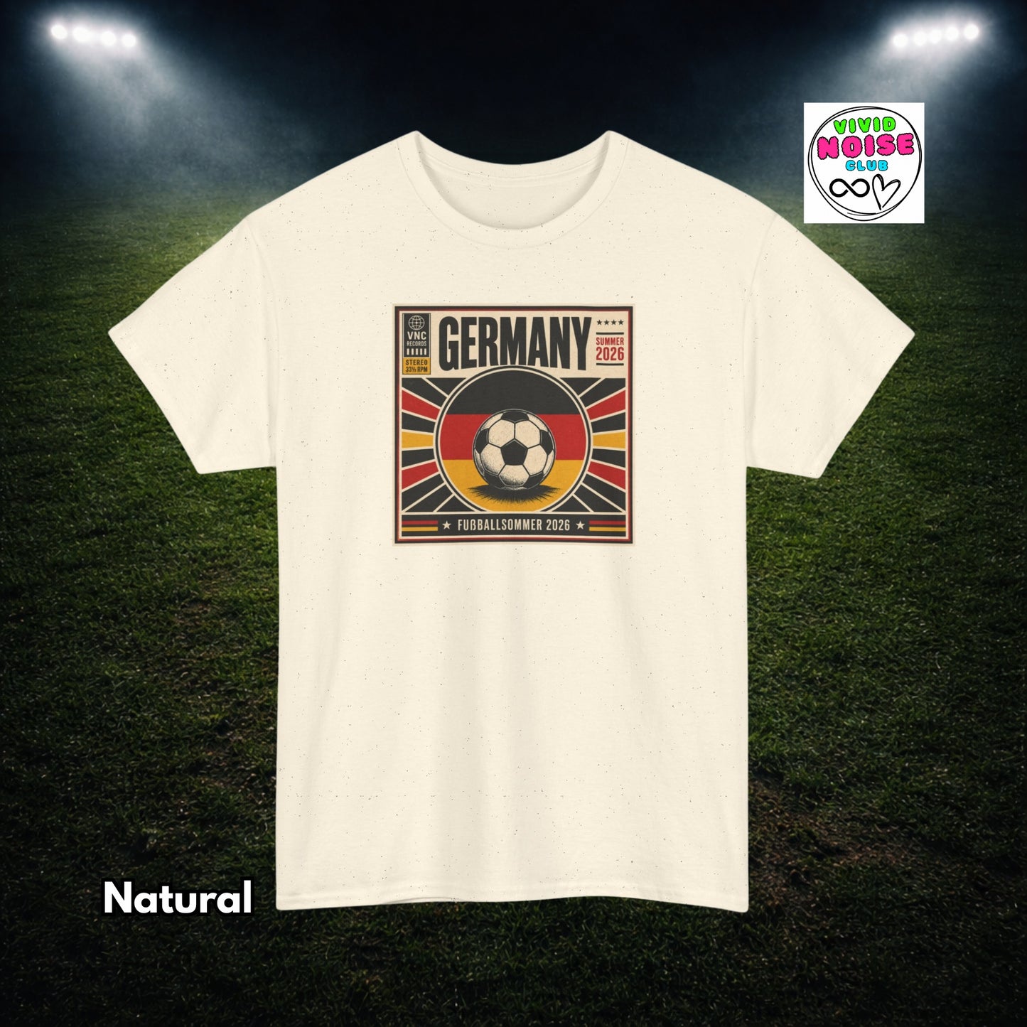 Natural cream beige t-shirt with Germany soccer design on a grass field background
