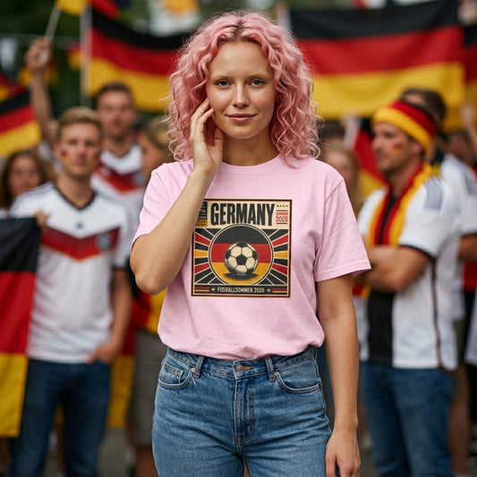 Woman wearing a pink 'Germany' t-shirt with a soccer design, standing in front of German flag-waving supporters.
