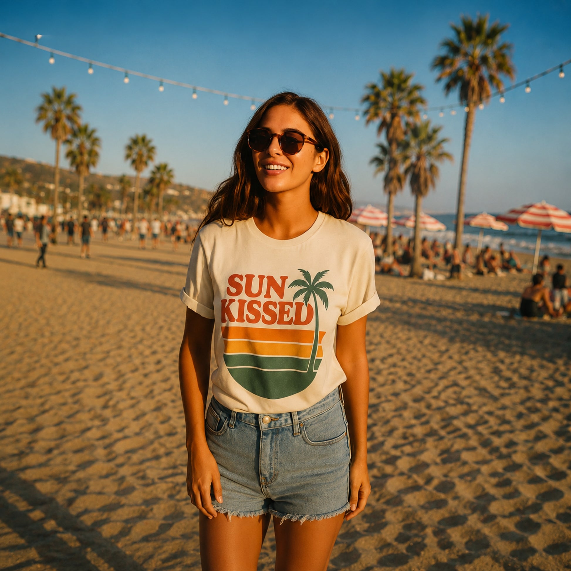 Woman wearing a 'Sun Kissed' t-shirt on a beach with palm trees and people in the background.