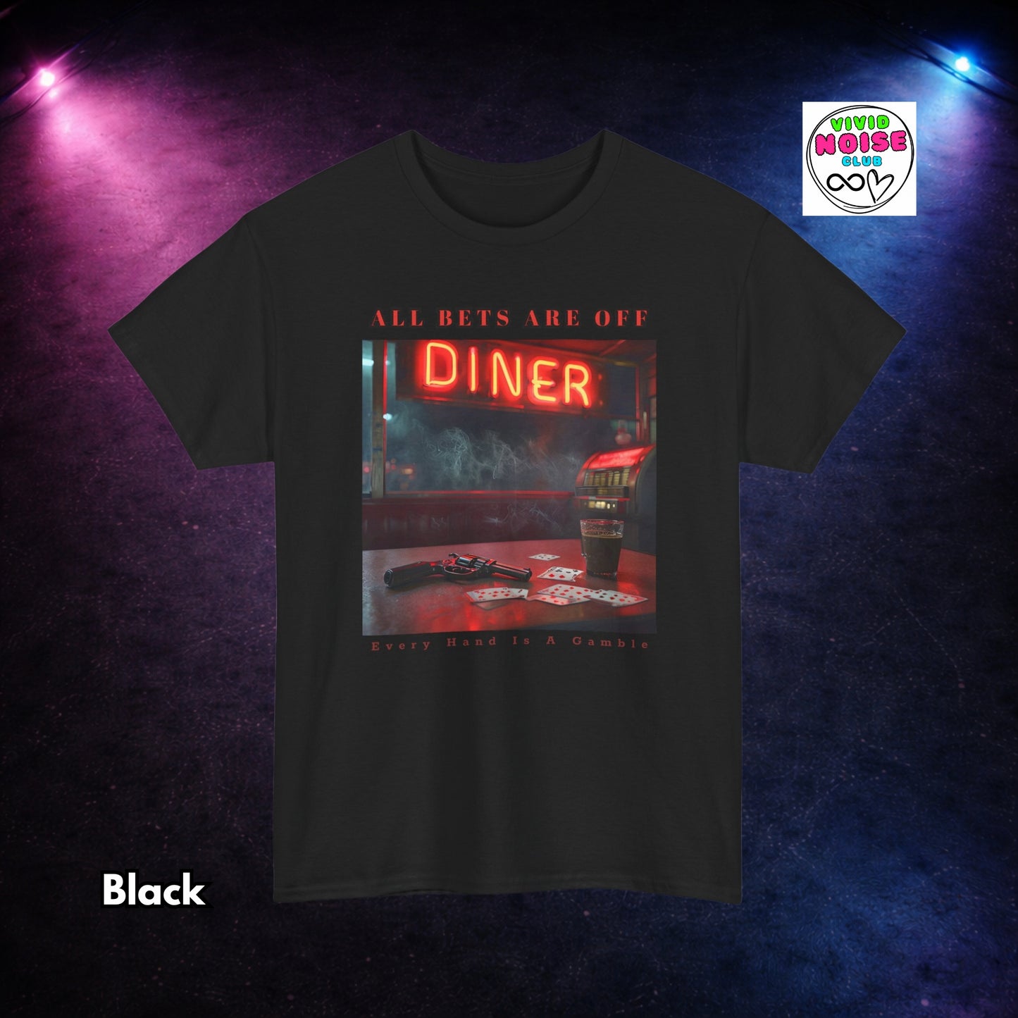 Black t-shirt with a graphic design of a diner neon sign on a dark background