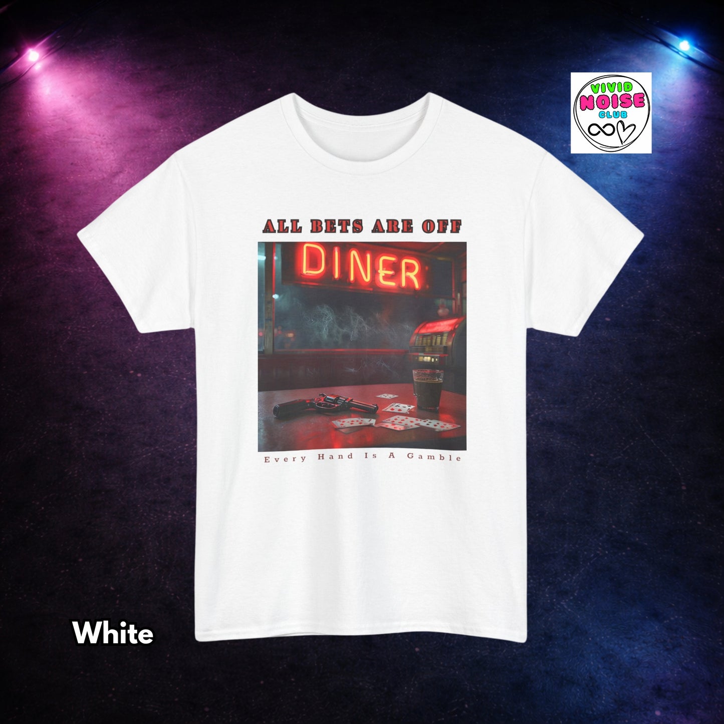 White t-shirt with a graphic design of a diner neon sign and text on a dark background.