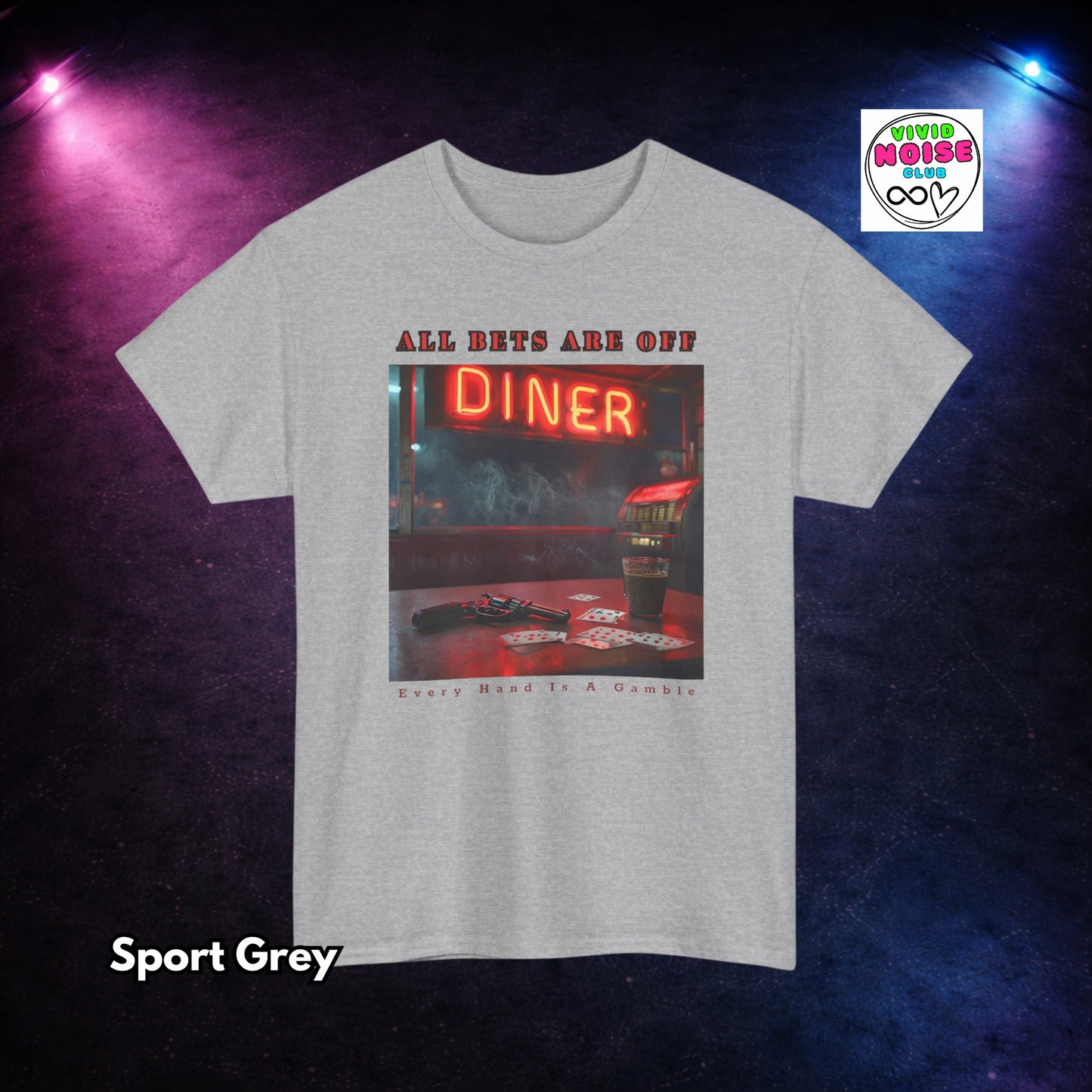 Sport Grey t-shirt with a diner neon sign graphic and text on a dark background