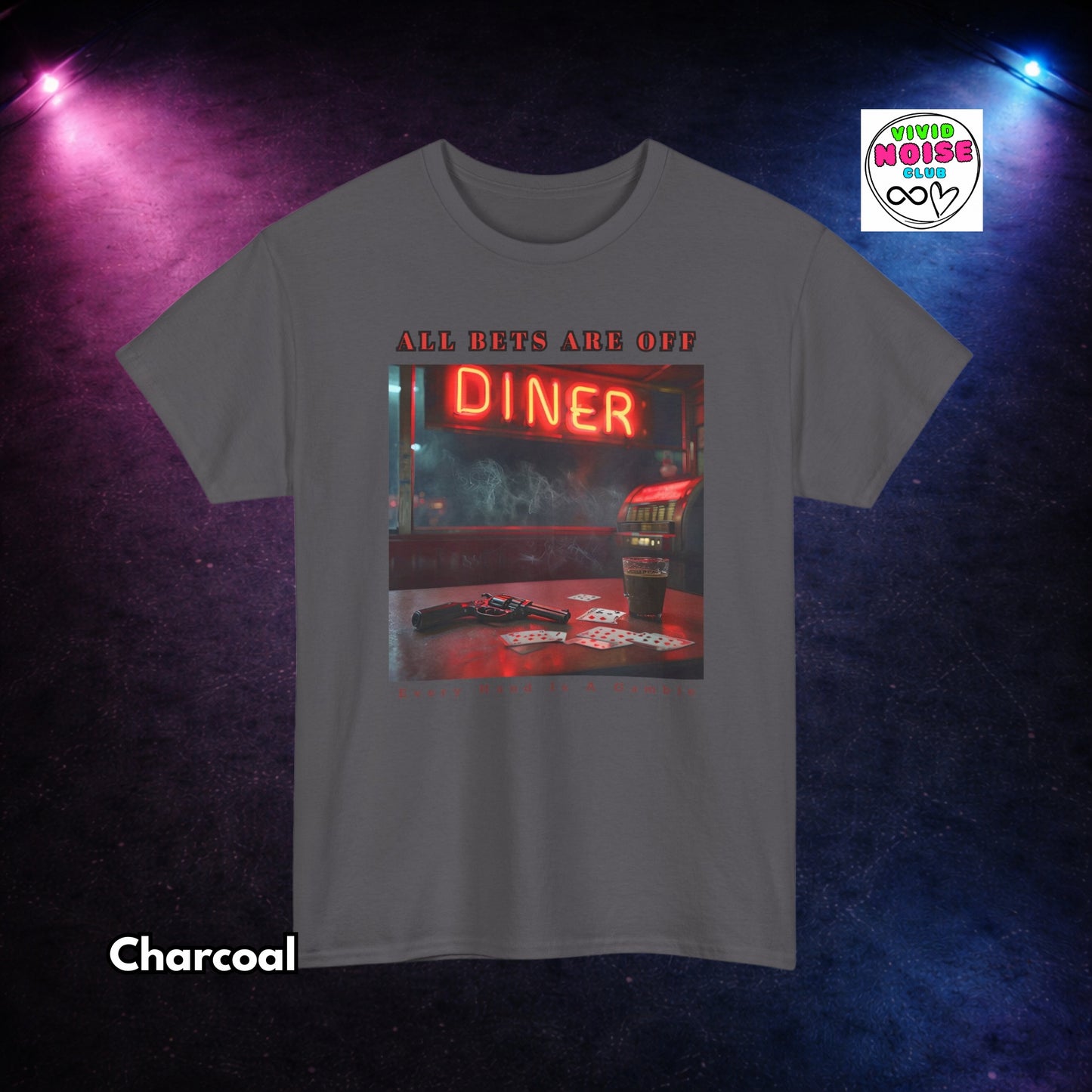 Charcoal Gray t-shirt with a diner graphic and 'All Bets Are Off' text on a dark background
