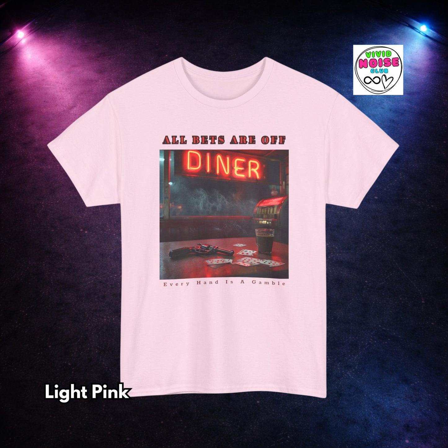 Light pink t-shirt with a graphic design of a diner neon sign and text on a dark background