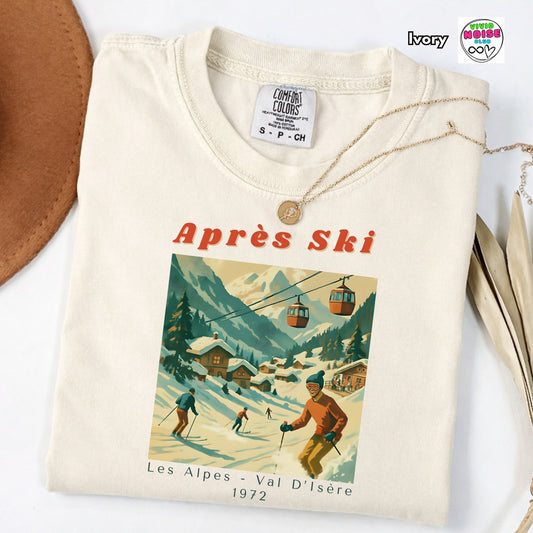 Ivory beige t-shirt with 'Après Ski' graphic design on a white background