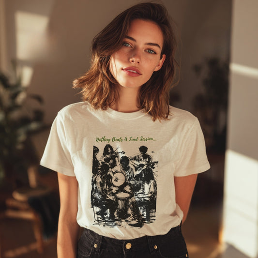 Woman wearing a white t-shirt with a Nothing Beats A Trad Session graphic featuring musicians gathered in a traditional Irish music session, celebrating live folk music, community and pub culture.