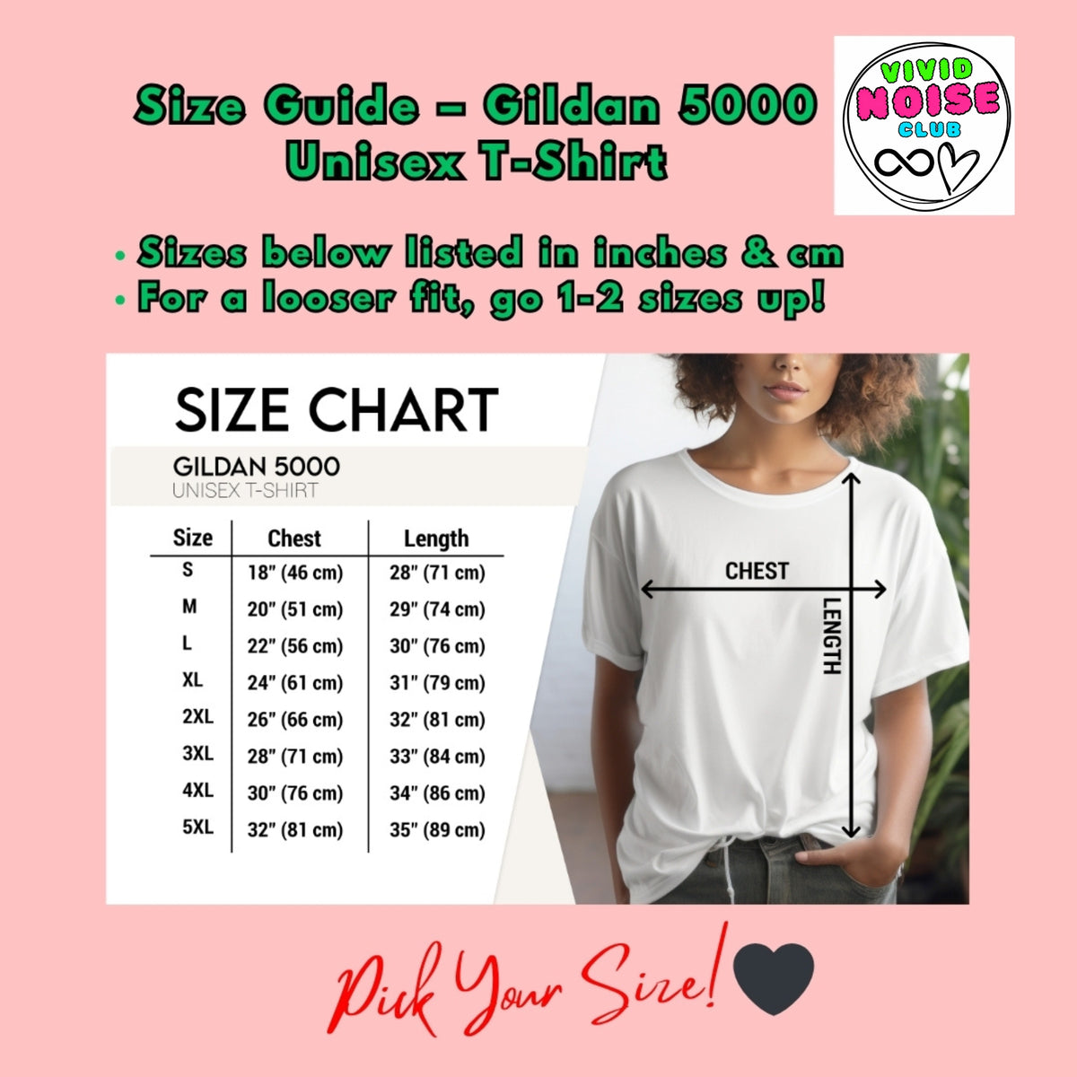 Size chart for Gildan 5000 Unisex T-Shirt with a person wearing a white t-shirt on a pink background.