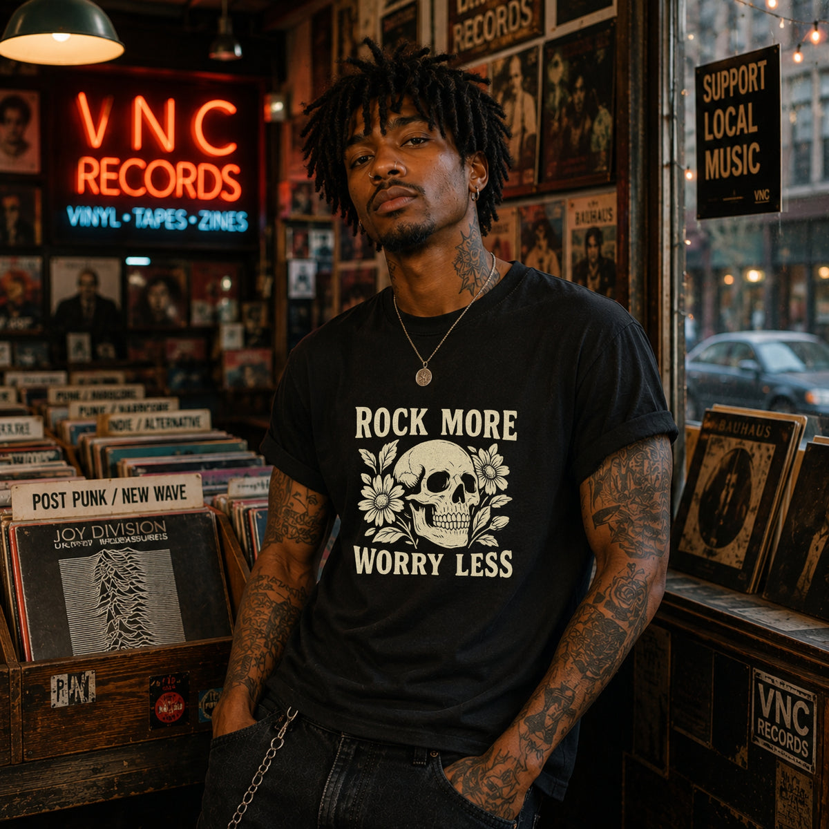 A man with tattoos stands in a record store wearing a black graphic t-shirt with a cream skull and floral design and the text 'ROCK MORE WORRY LESS'. The background features vinyl records, posters, and a neon sign for VNC Records.
