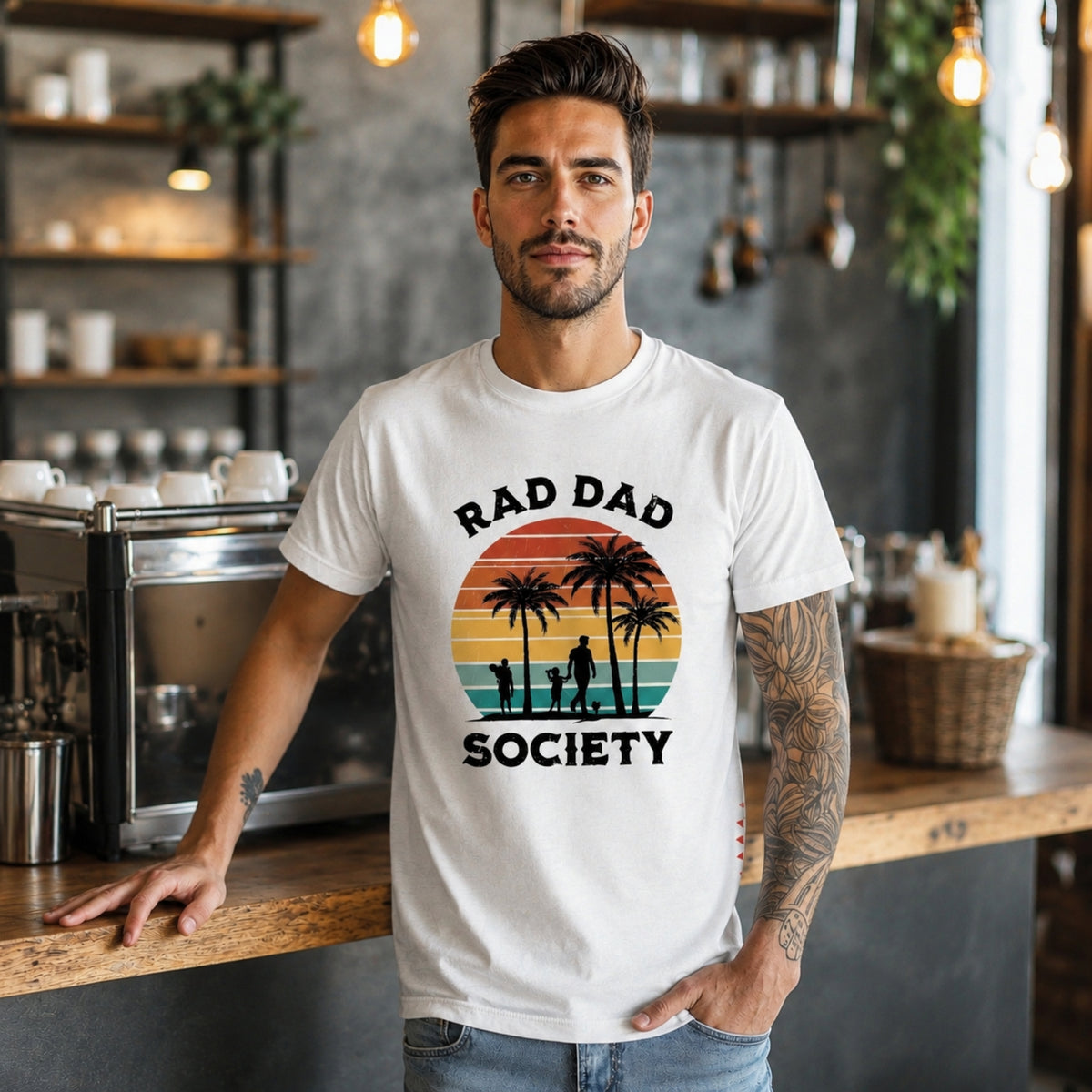 A man wearing a white graphic t-shirt with a retro sunset design and the text 'RAD DAD SOCIETY' in a cafe setting.