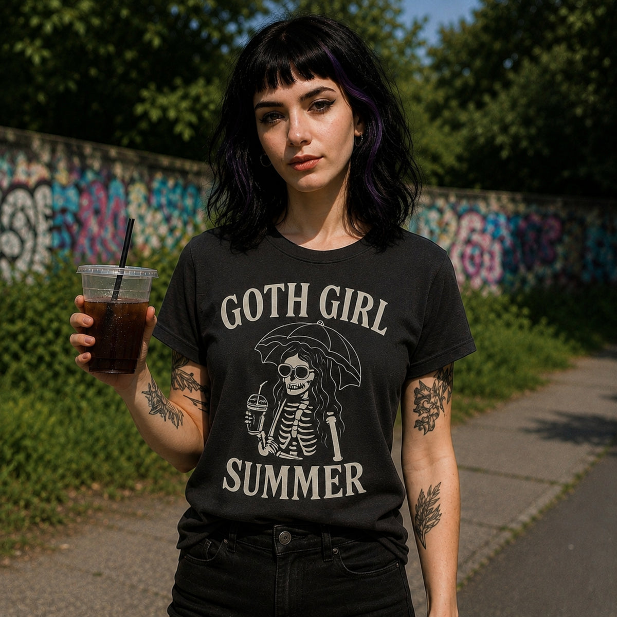 A woman with dark hair and purple streaks stands outdoors on a path wearing a black graphic t-shirt that reads 'GOTH GIRL SUMMER' with a skeleton holding an umbrella. She is holding a drink in a clear cup and has tattoos on her arms.
