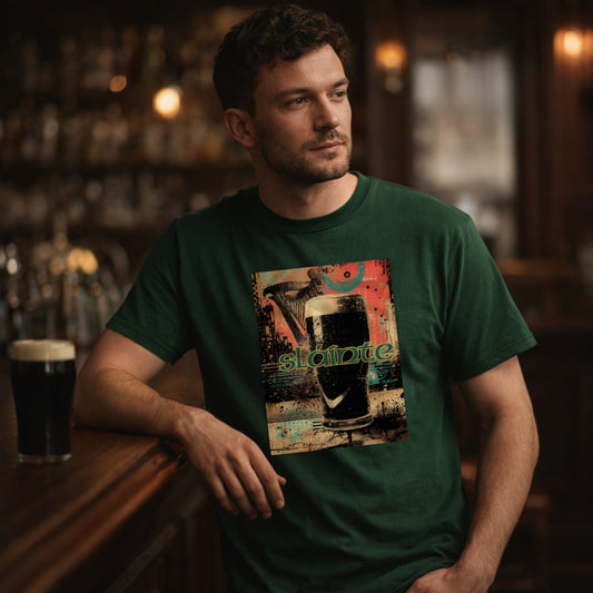 A man in a dark green t-shirt with an Irish 'Slainte' wording and pint glass graphic leaning on a wooden bar counter in a dimly lit pub. A pint of black stout is visible on the counter to his left.