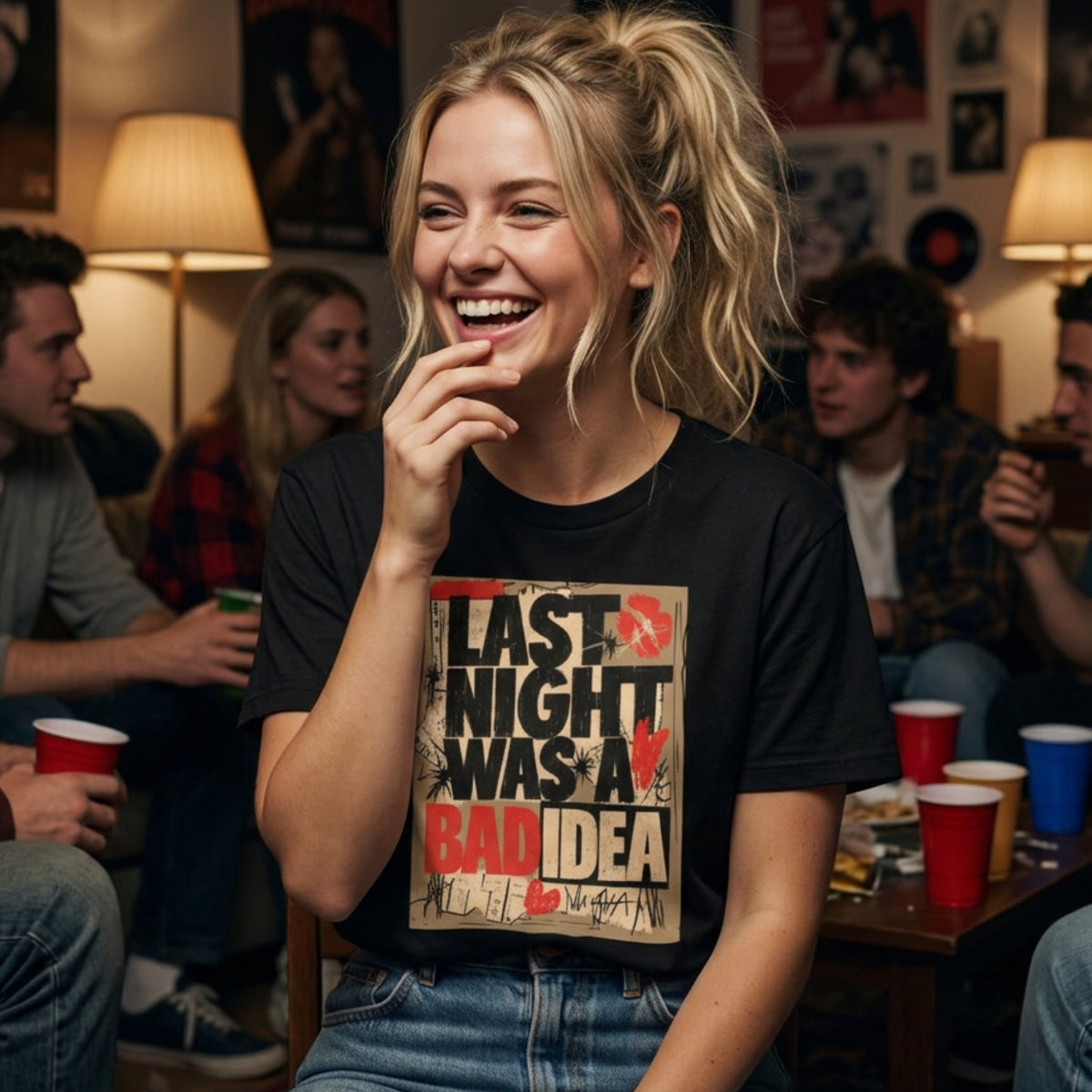 A woman smiling in a social setting, wearing a black graphic t-shirt with the text 'LAST NIGHT WAS A BAD IDEA' in distressed red, black, and beige lettering.