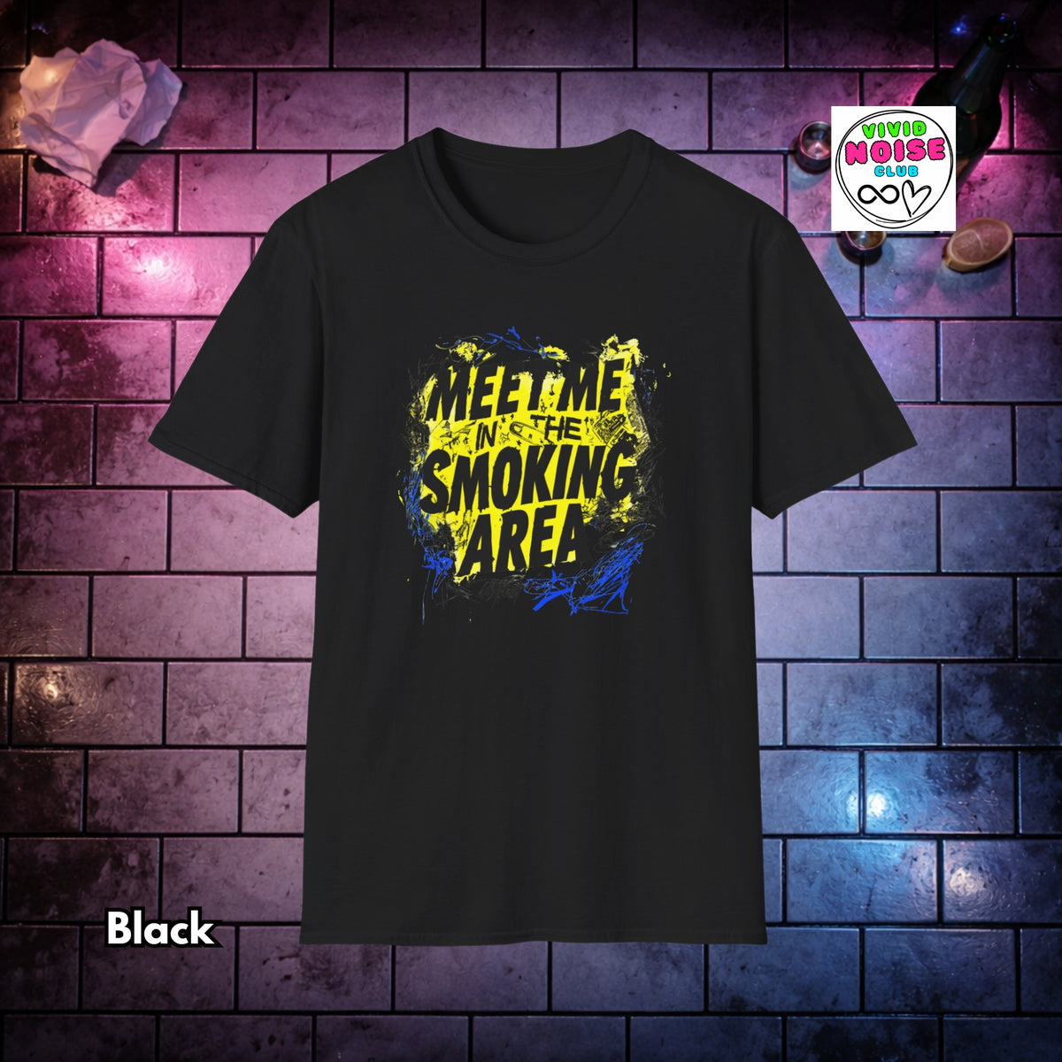 A black short-sleeve t-shirt with a yellow and blue graphic reading 'MEET ME IN THE SMOKING AREA' displayed against a purple and blue brick wall background. A 'Vivid Noise Club' brand logo is visible in the top right, and the word 'Black' is written in the bottom left.