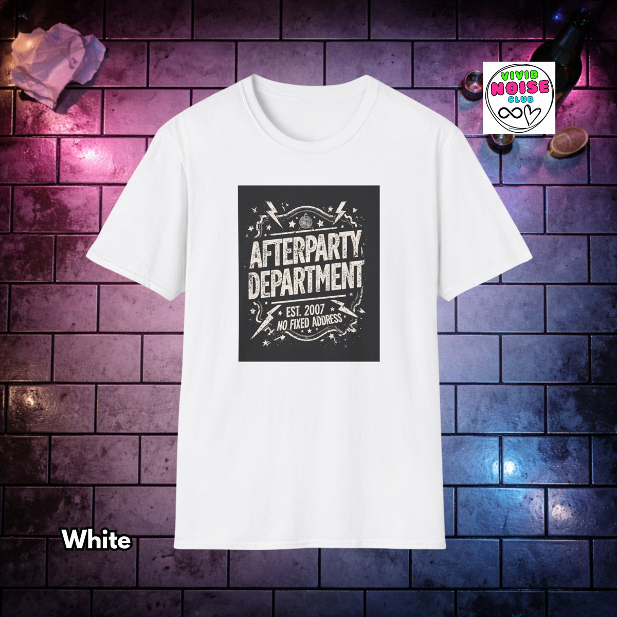 A white short-sleeve crewneck t-shirt with a black rectangular graphic on the chest that reads 'AFTERPARTY DEPARTMENT EST. 2007NO FIXED ADDRESS' in distressed white lettering.