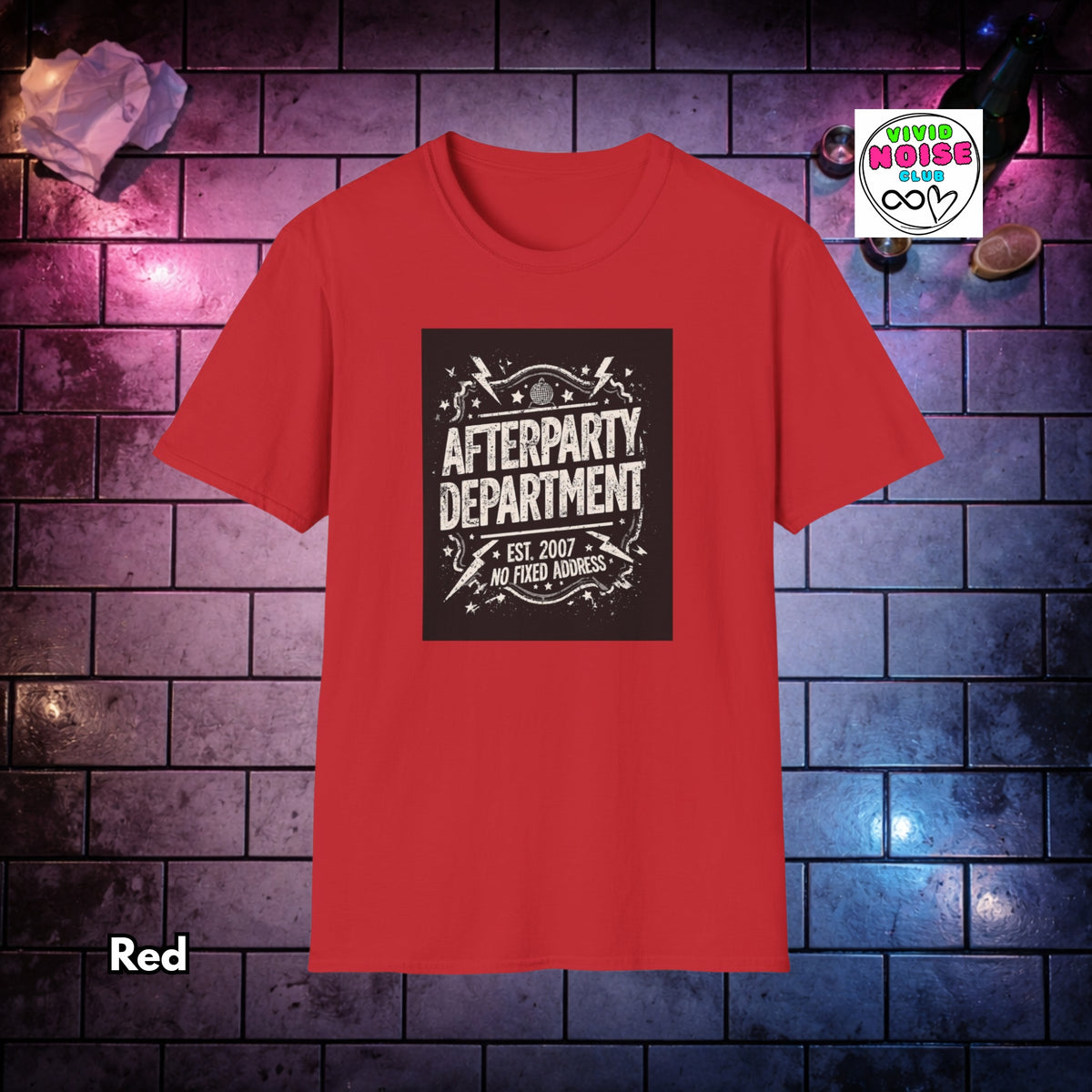 A red short-sleeve t-shirt with a black square graphic on the chest that reads 'AFTERPARTY DEPARTMENT EST. 2007 NO FIXED ADDRESS' in distressed white lettering.