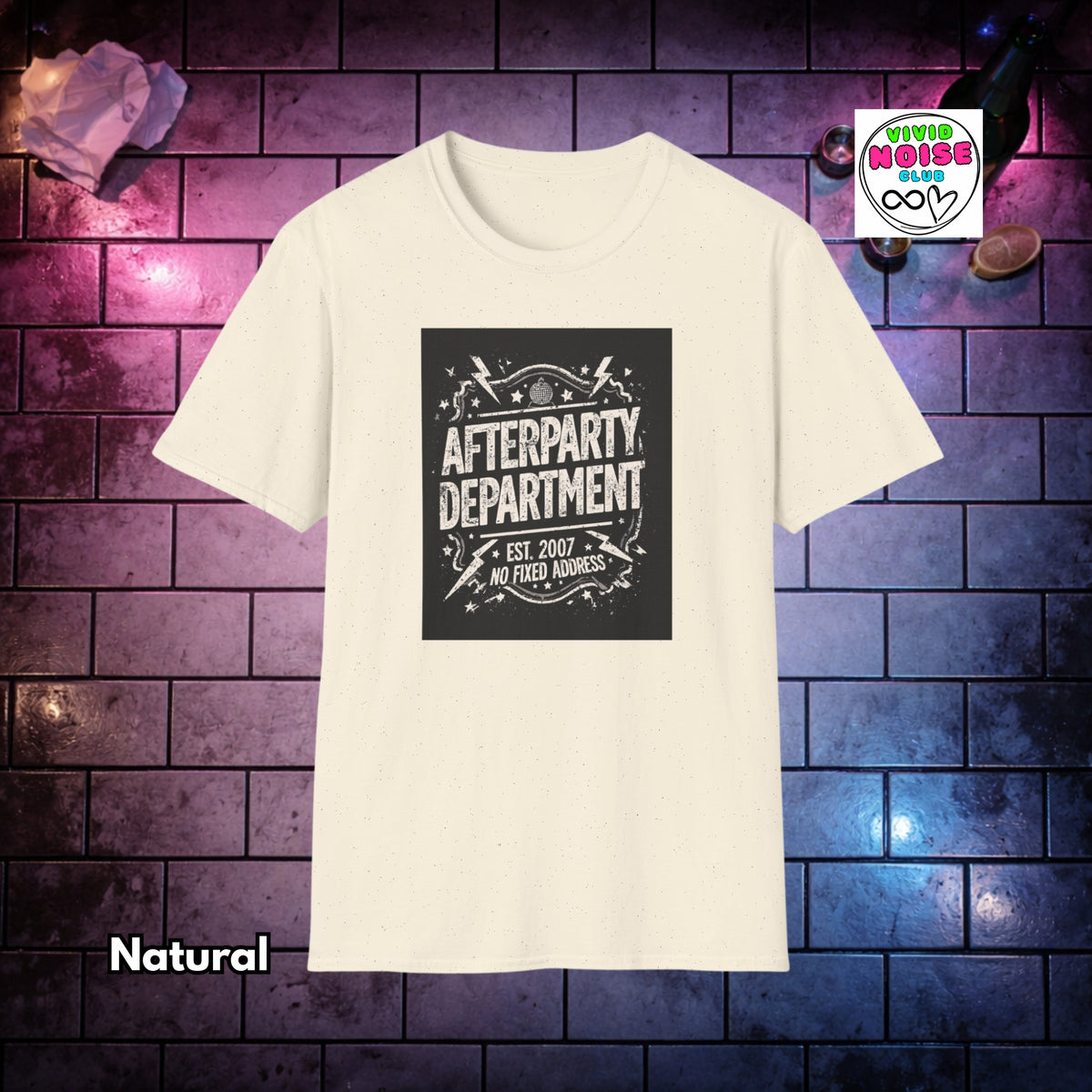 A cream-colored short-sleeve t-shirt with a black graphic print on the front reading 'AFTERPARTY DEPARTMENT EST. 2007 NO FIXED ADDRESS'.