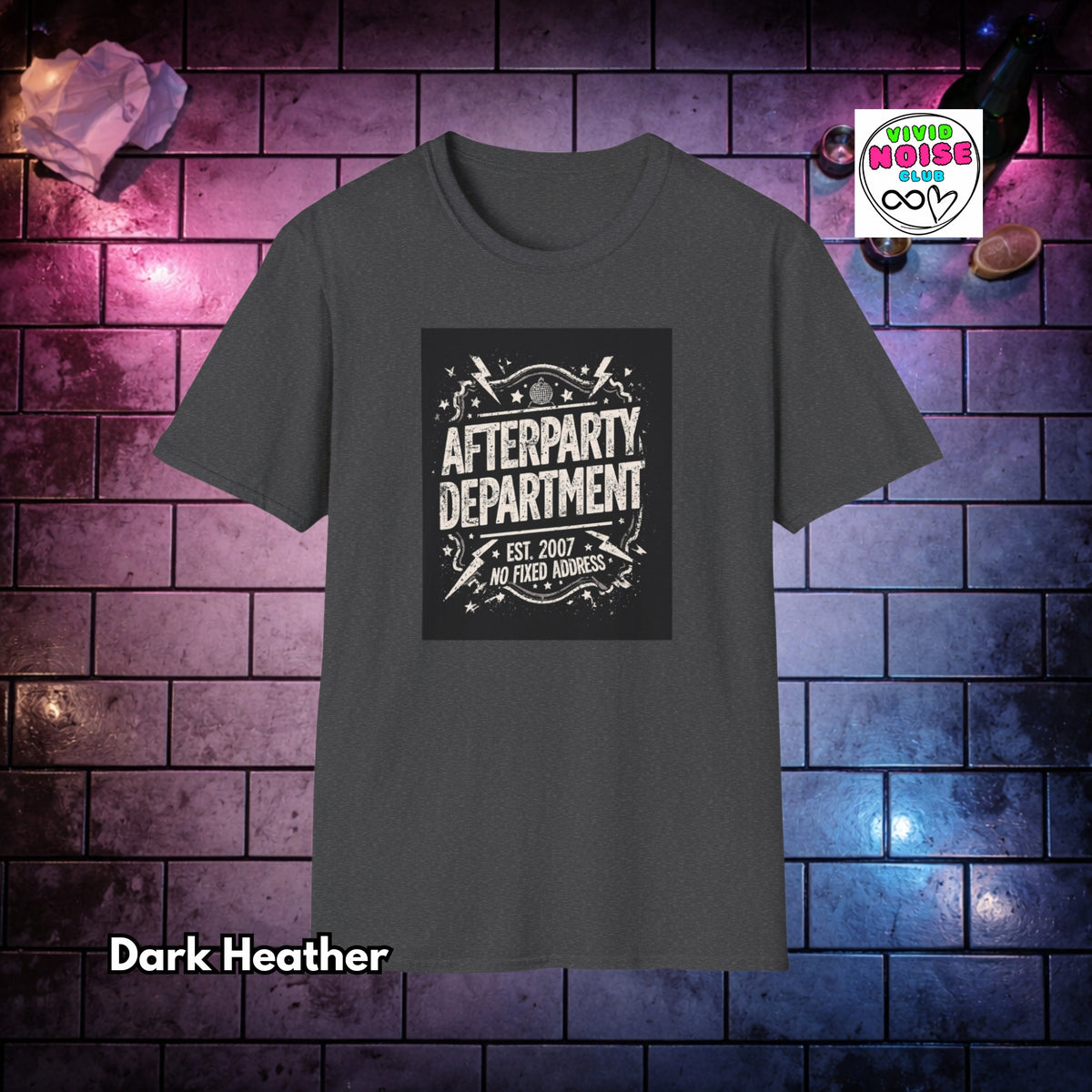 A dark heather gray t-shirt with a black graphic print that reads 'AFTERPARTY DEPARTMENT EST. 2007 NO FIXED ADDRESS' in distressed white lettering.