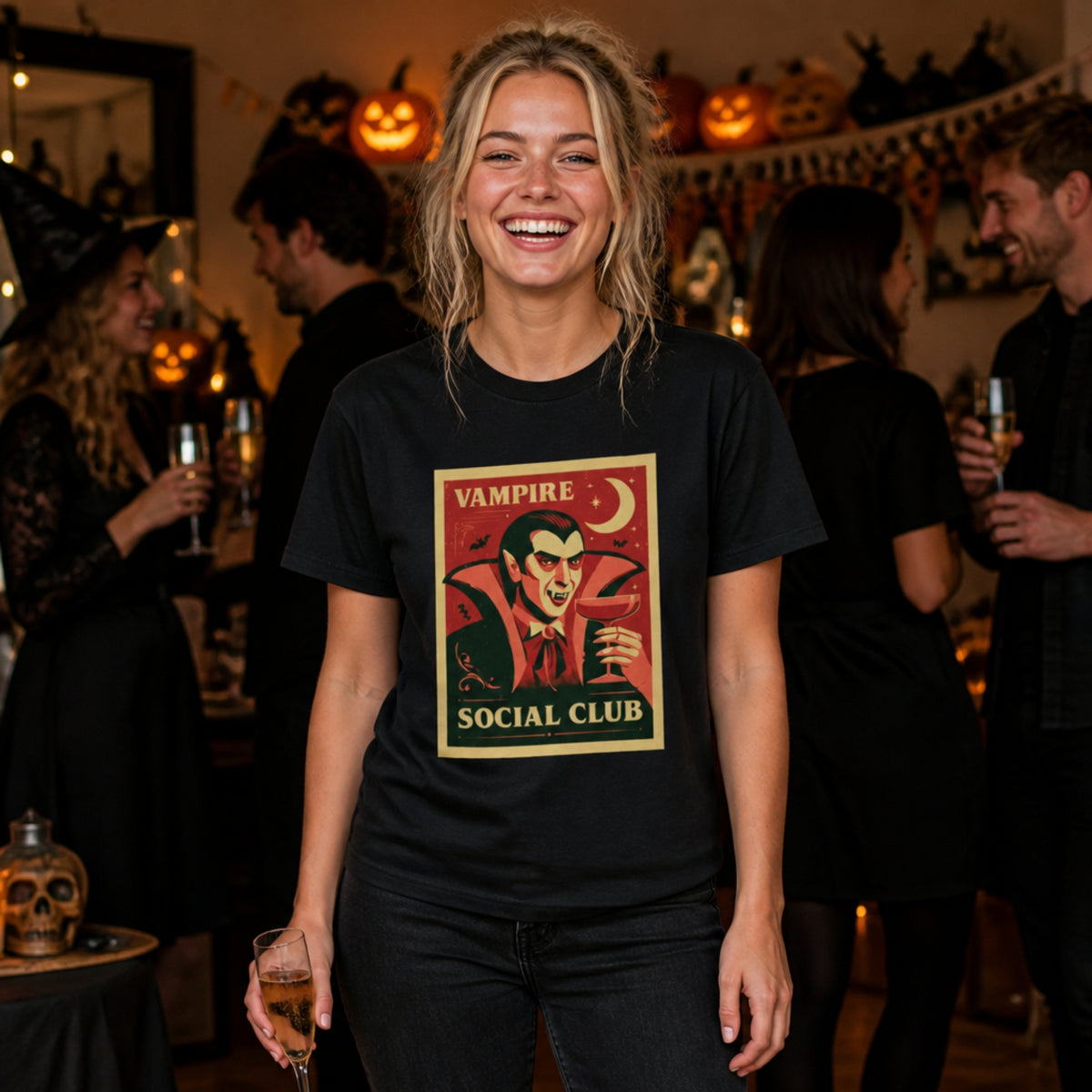 A woman smiling at a Halloween party wearing a black graphic t-shirt with a vintage-style red and gold poster design that reads 'Vampire Social Club'.
