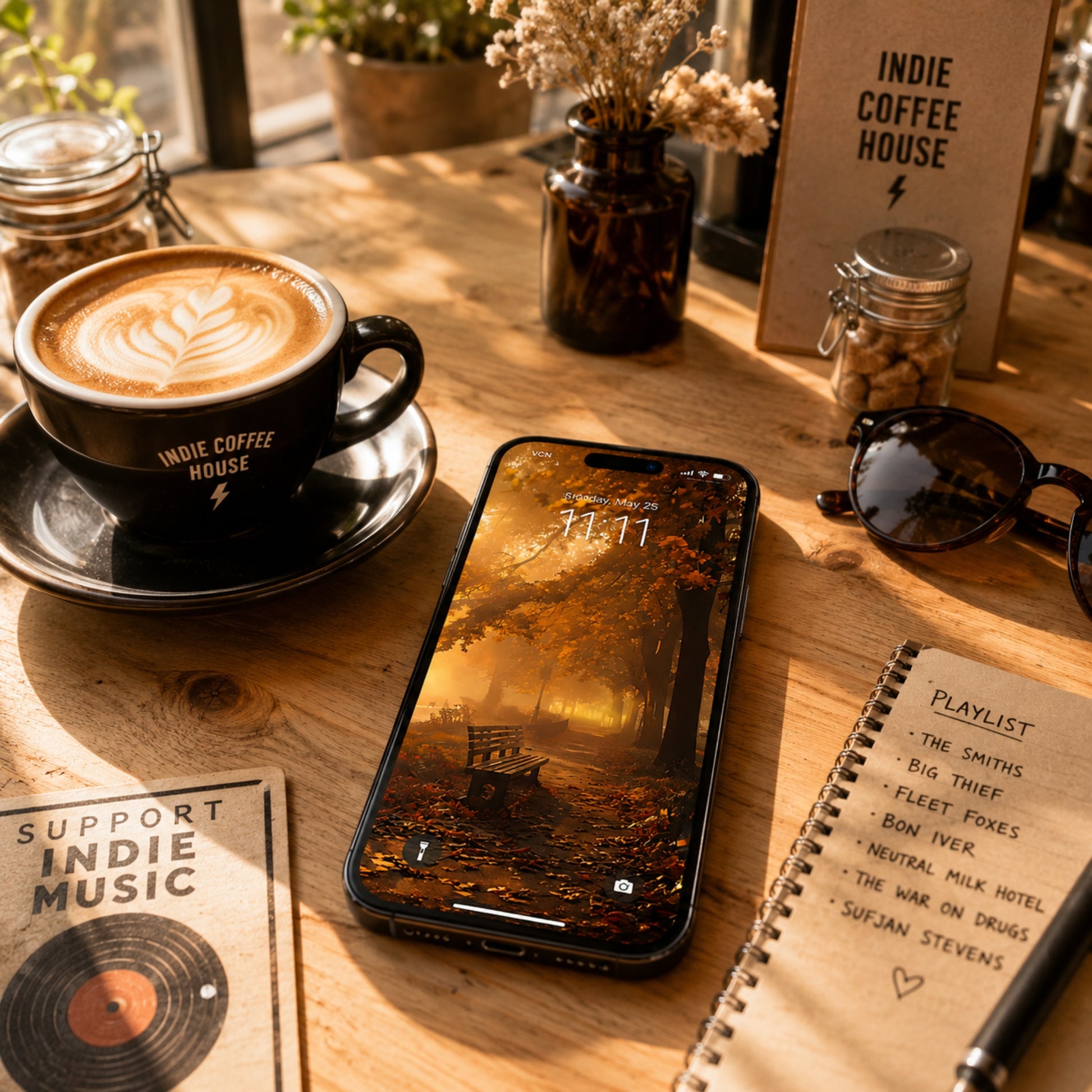 Cup of coffee with saucer, smartphone displaying a scenic wallpaper, and notebook on a wooden table in a cafe.