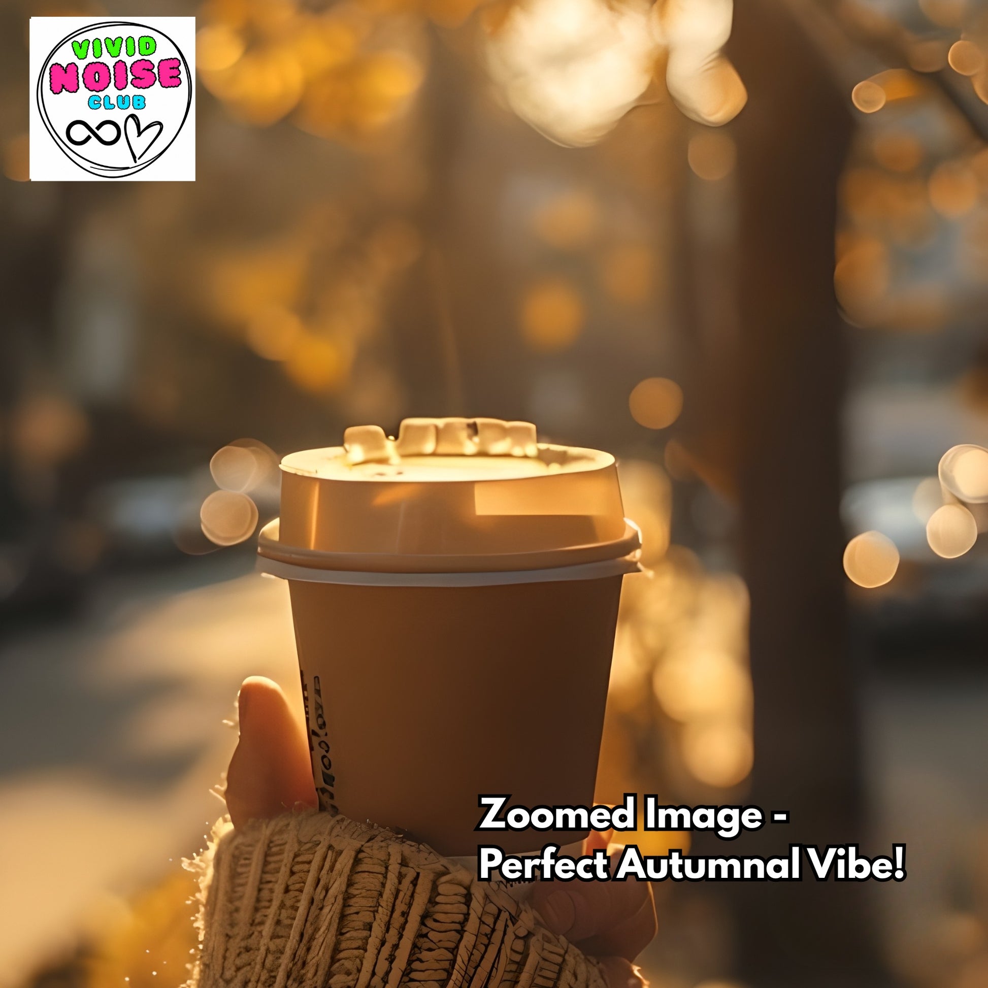 Hand holding a coffee cup with a blurred autumn background and Vivid Noise Club logo.