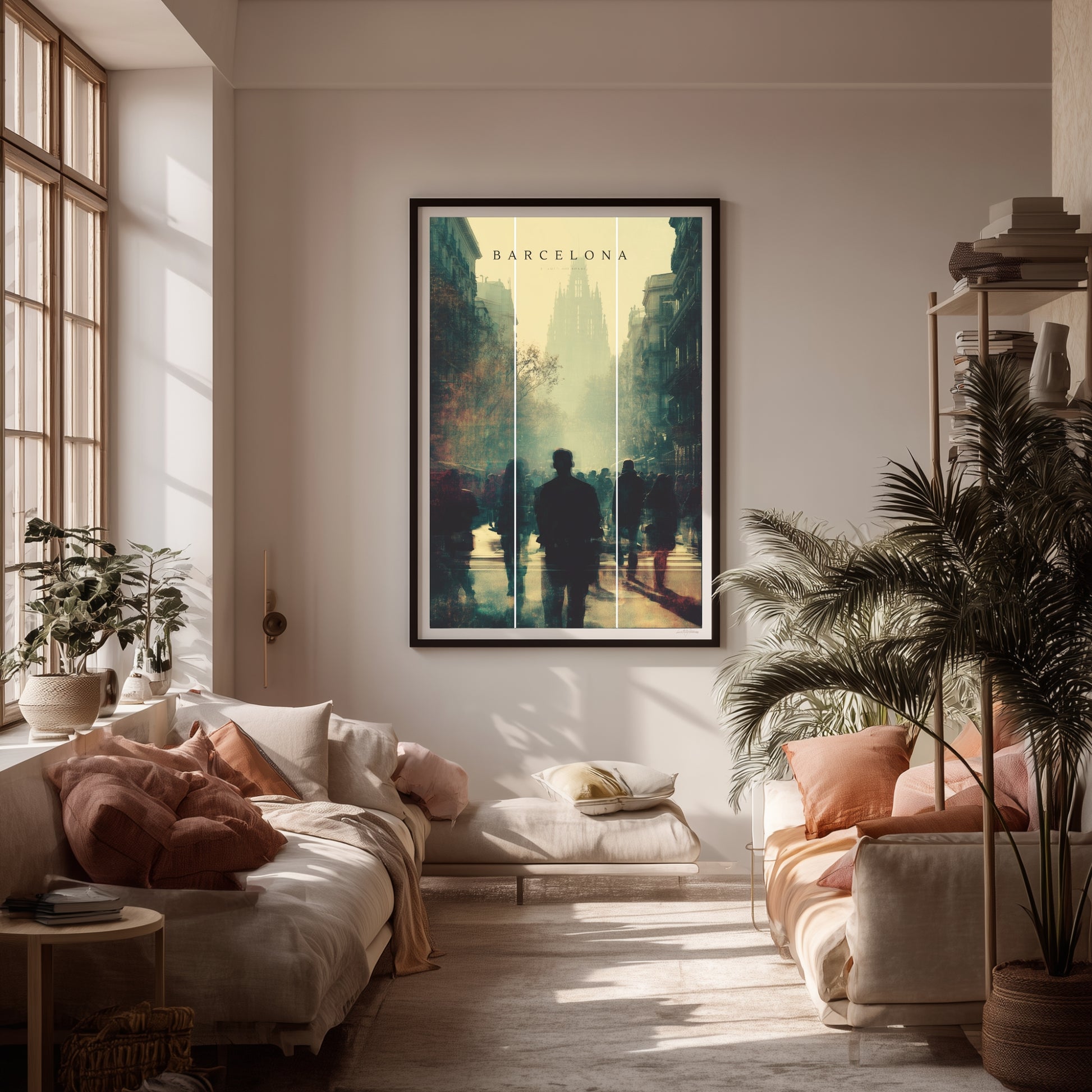 Living room with Barcelona wall art print