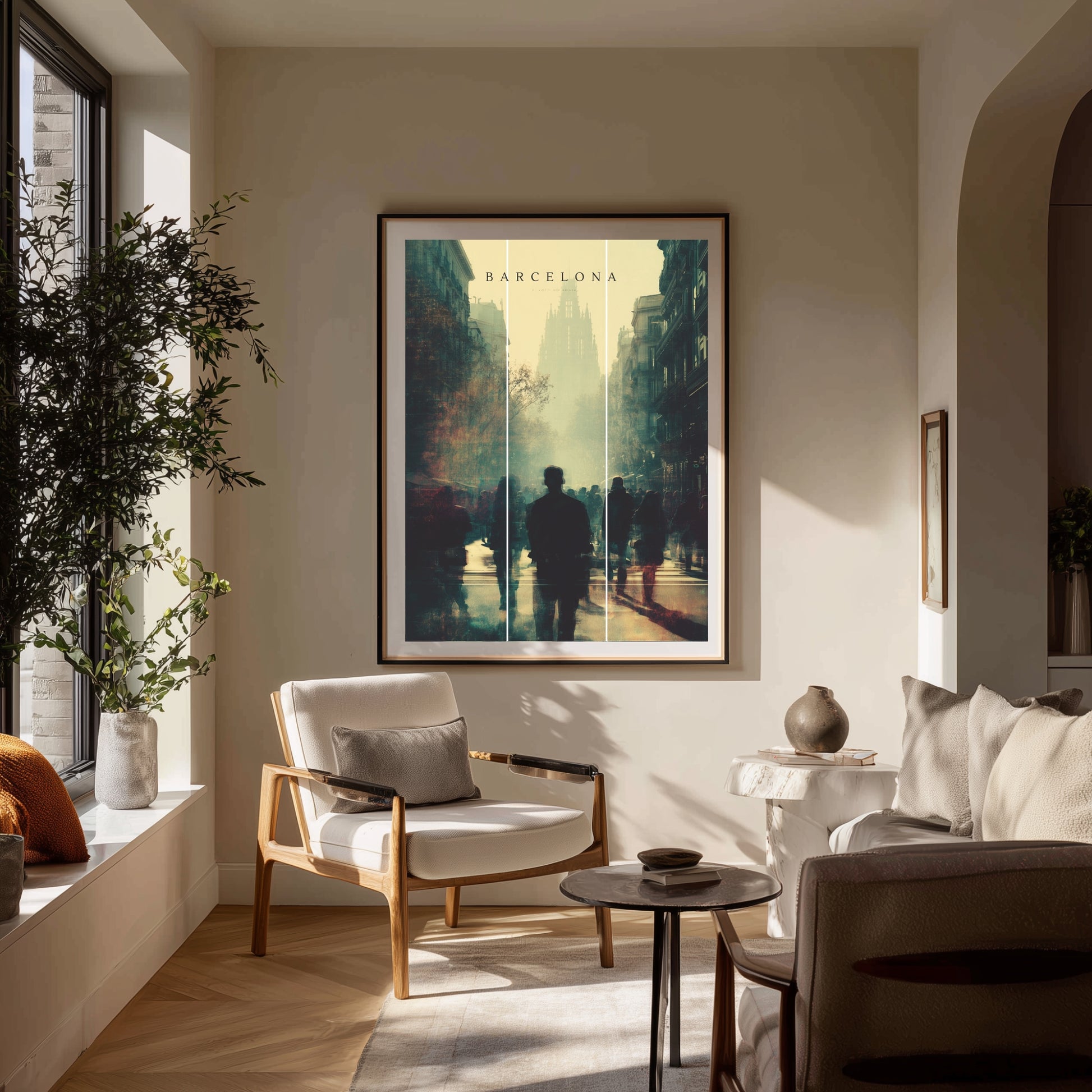 Living room with Barcelona wall art print