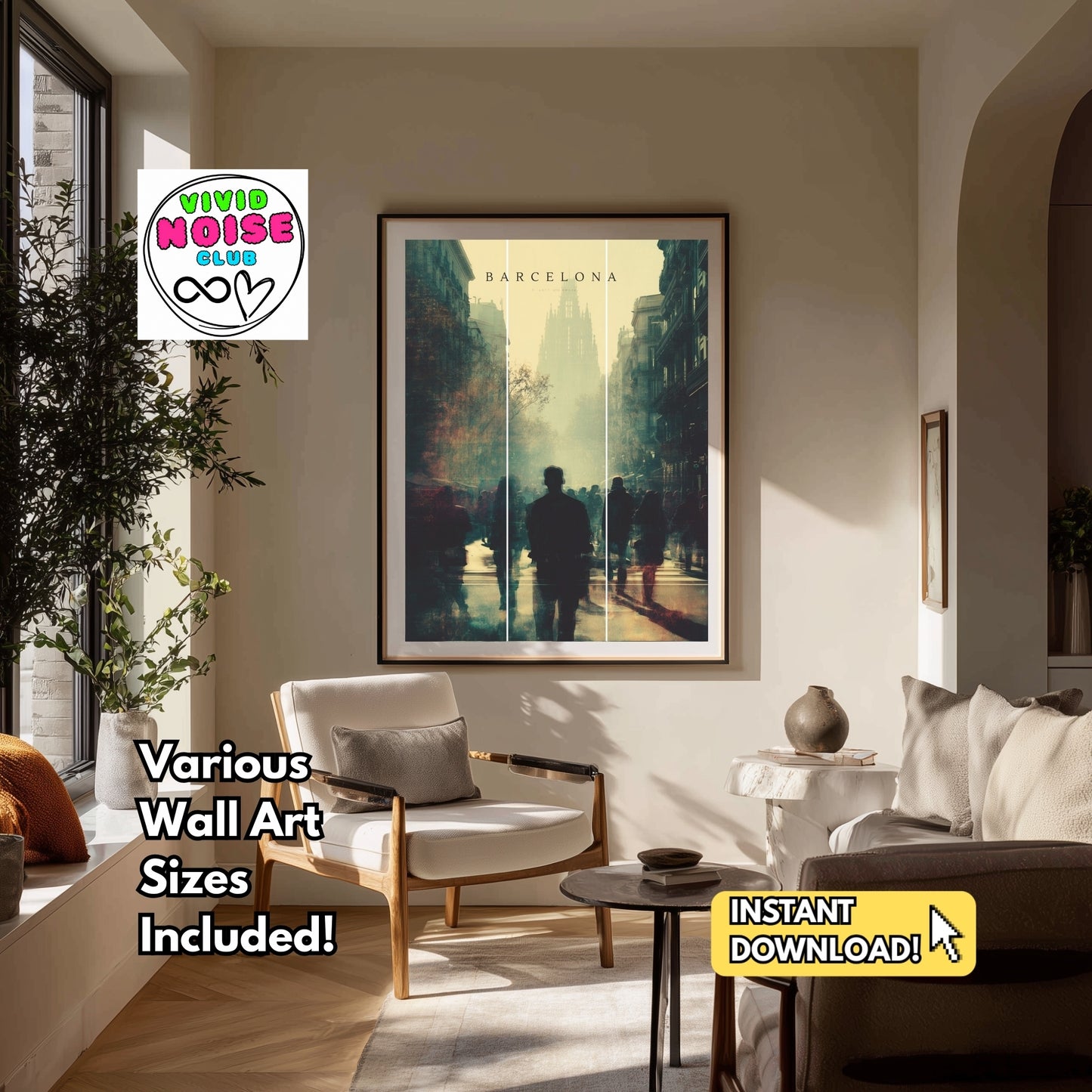 Living room with a framed artwork of Barcelona on the wall, featuring Vivid Noise Club logo and text about wall art sizes.