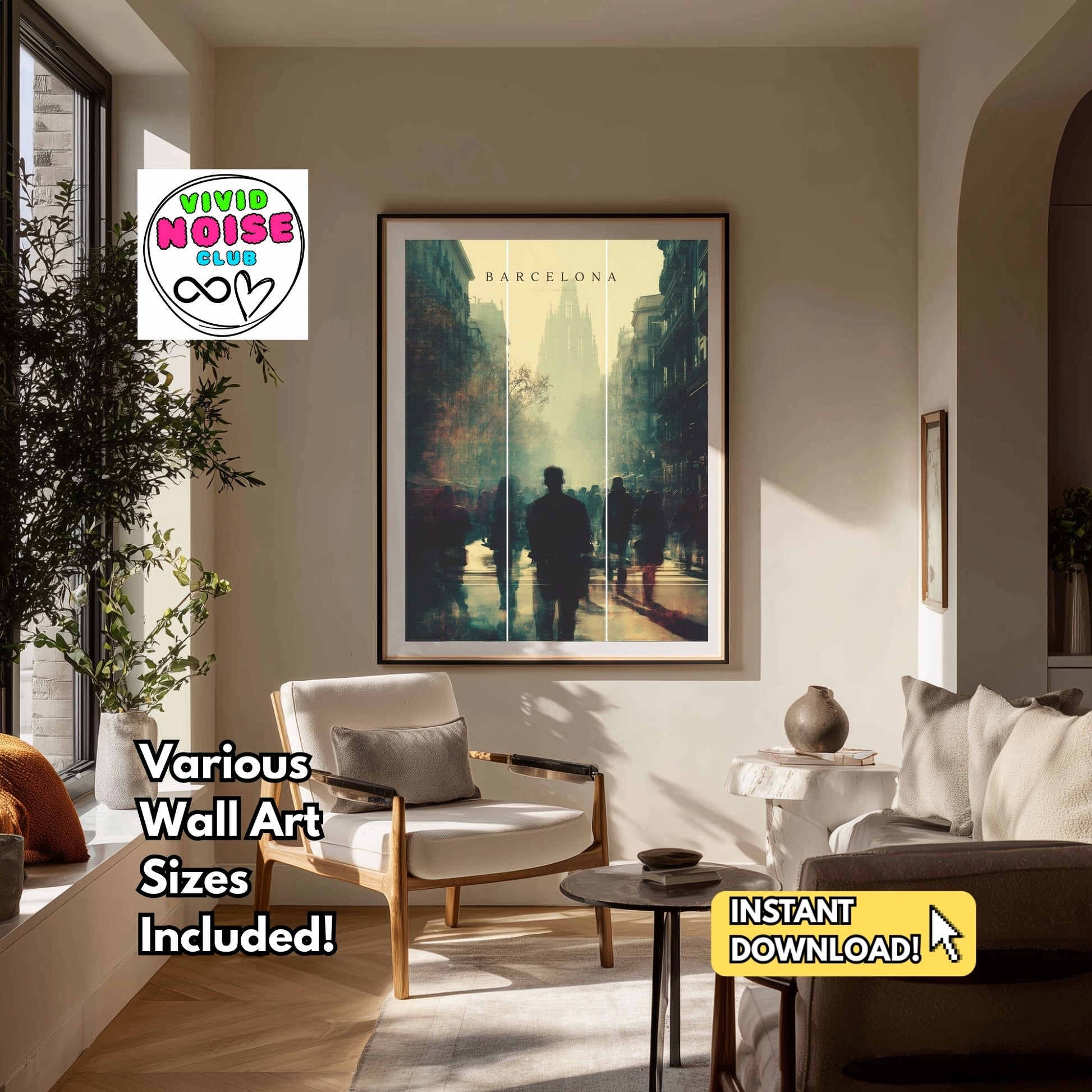 Living room with a framed artwork of Barcelona on the wall, featuring Vivid Noise Club logo and text about wall art sizes.