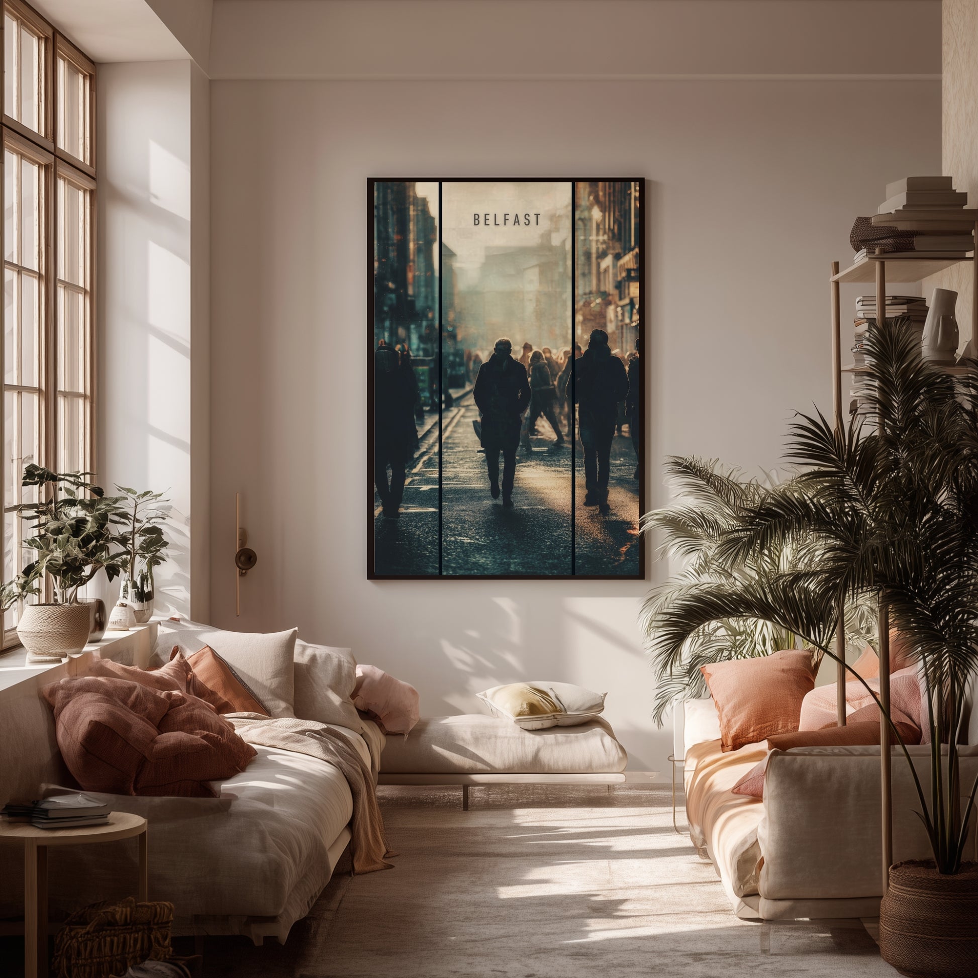 Living room with a large framed artwork of Belfast on the wall, featuring two people walking in a city street.