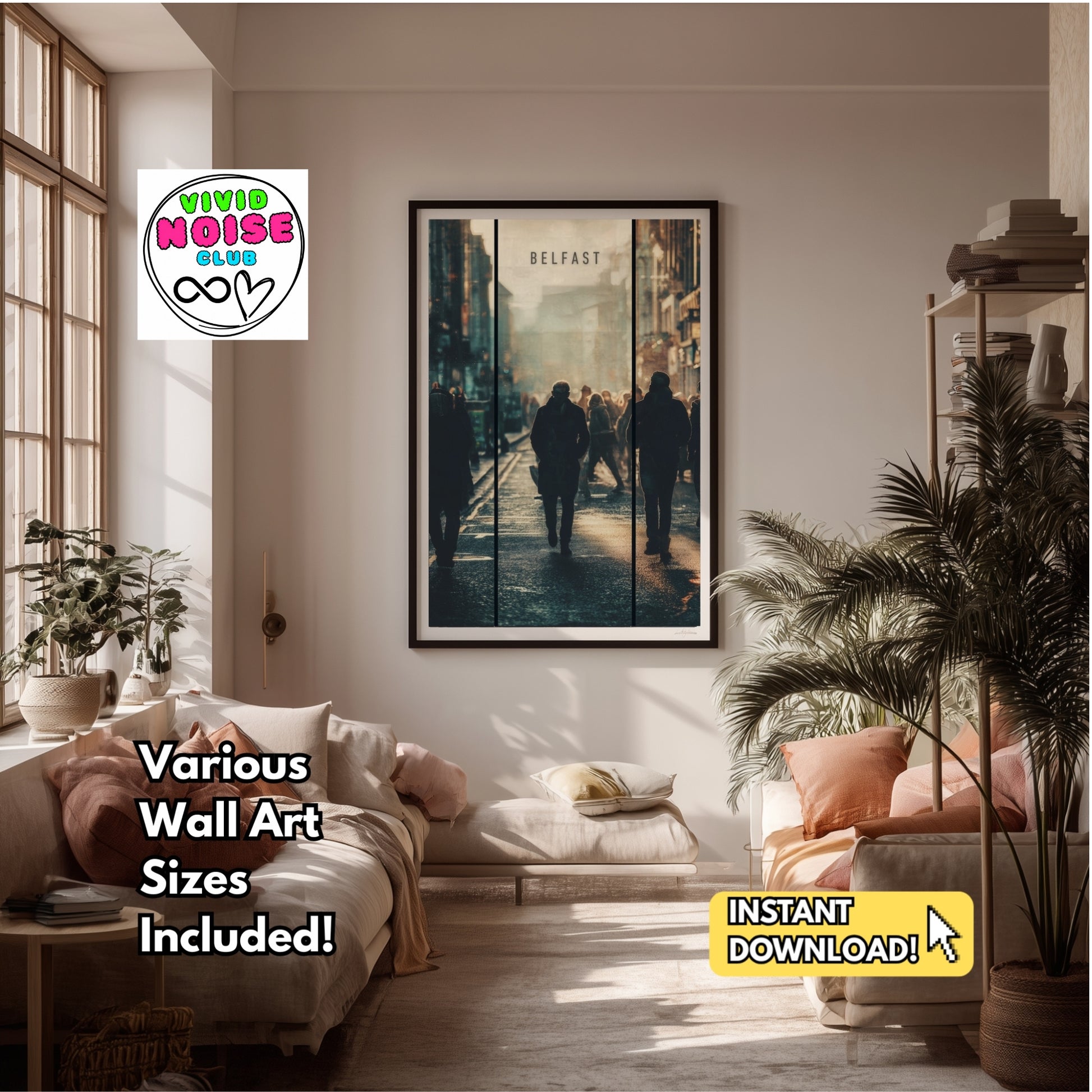 Living room with a framed artwork on the wall, featuring the Vivid Noise Club logo and text about wall art sizes.