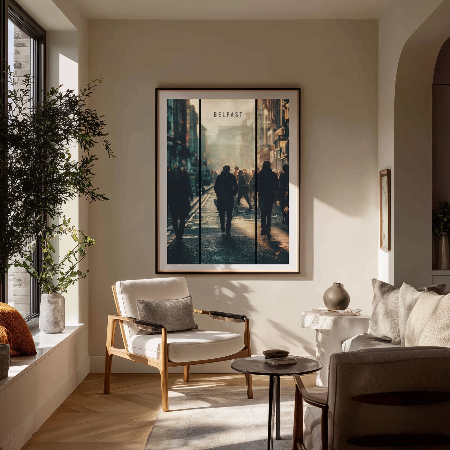 Living room with a large framed artwork of Belfast on the wall, featuring two people walking in a city street.