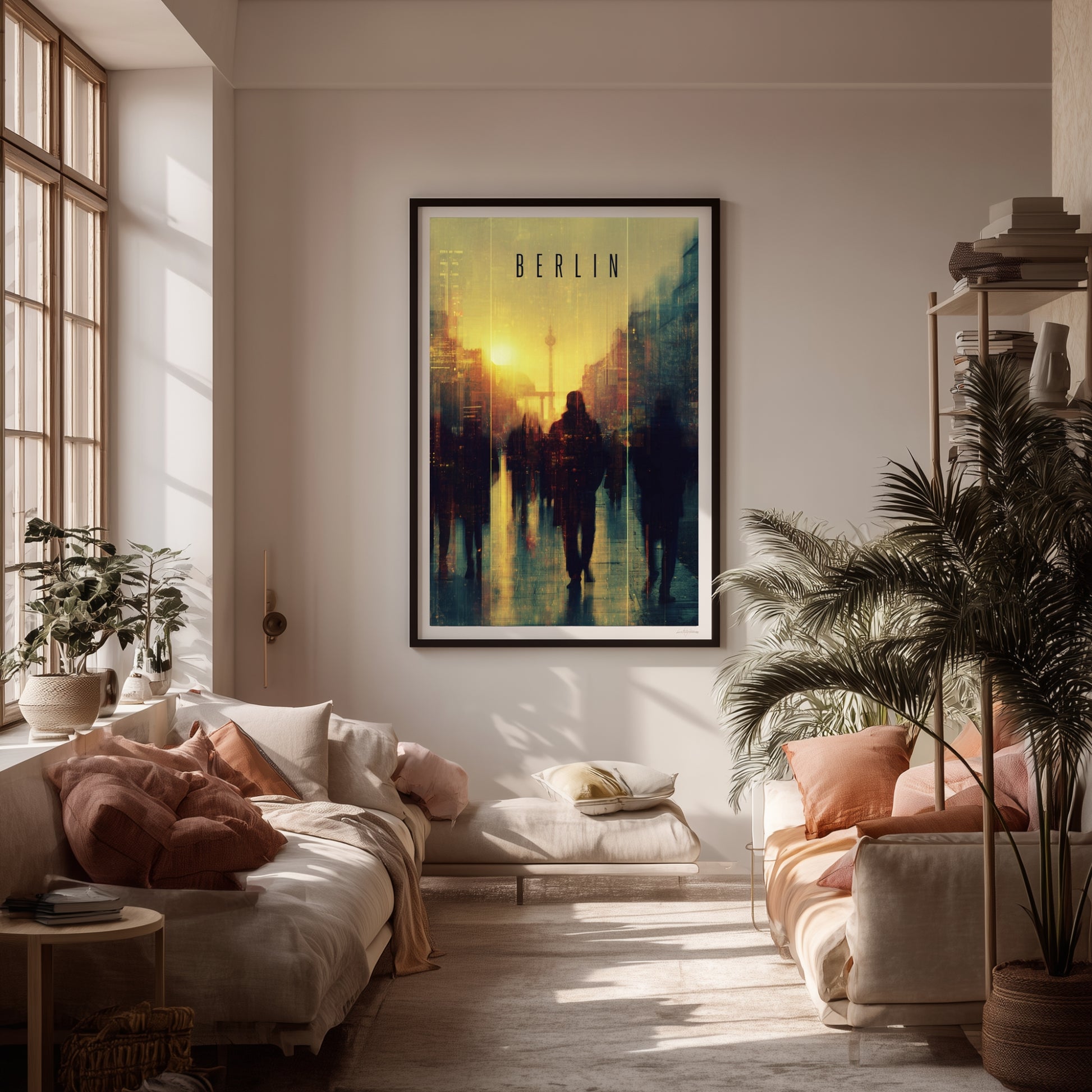 Living room with a framed poster of Berlin on the wall