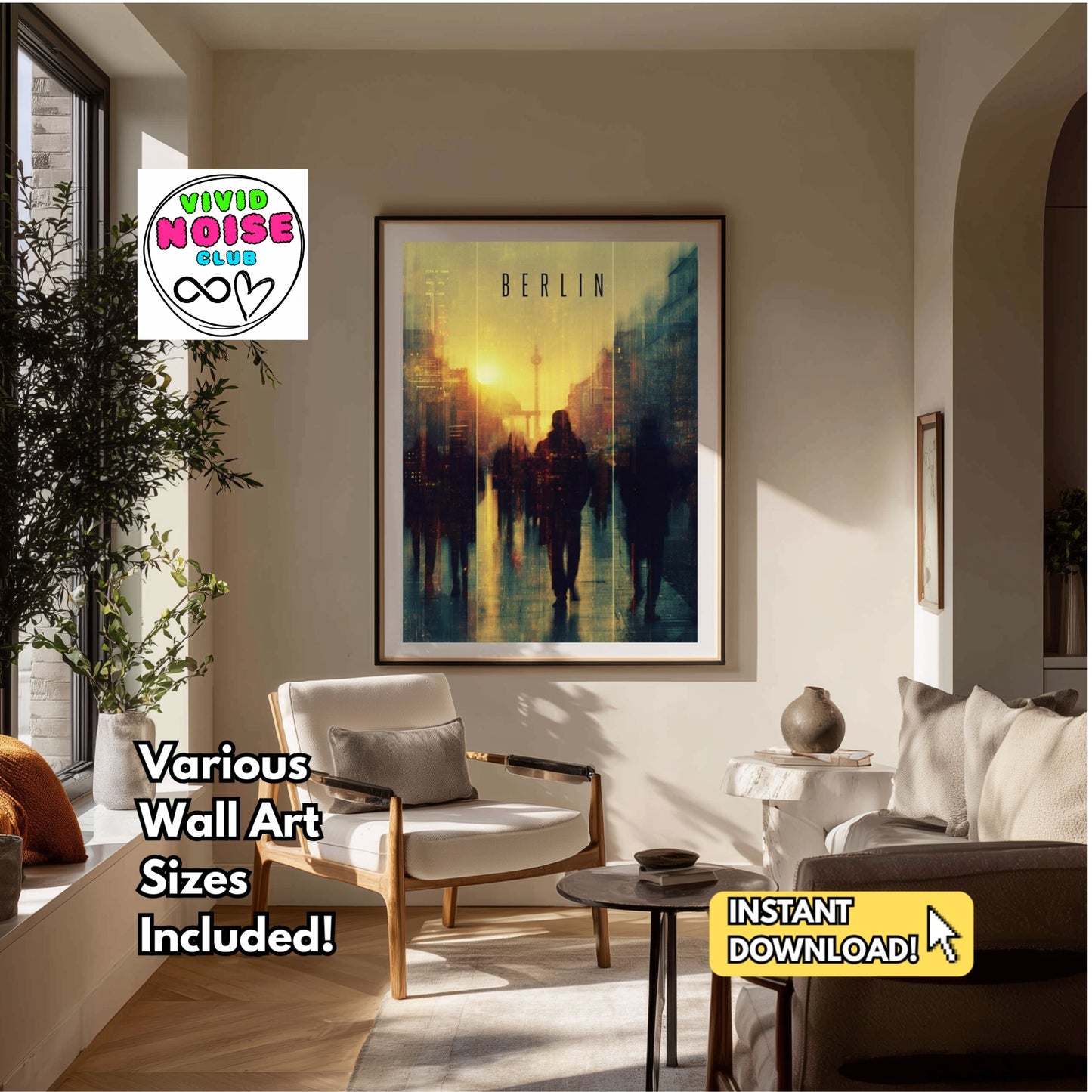 Living room with a 'Berlin' wall art print and Vivid Noise Club logo.