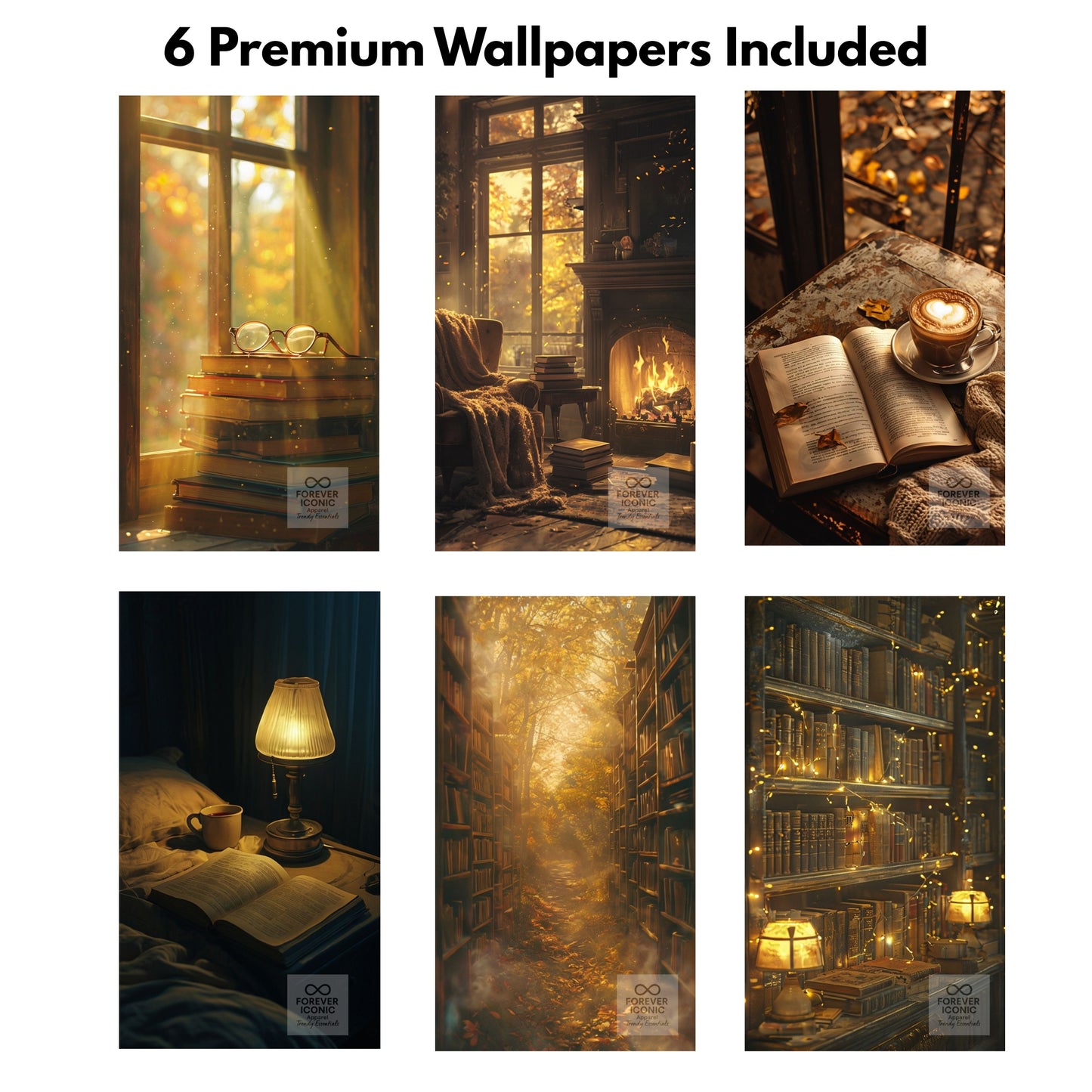 Set of six premium wallpapers with warm, cozy scenes including a window, fireplace, and bookshelf.